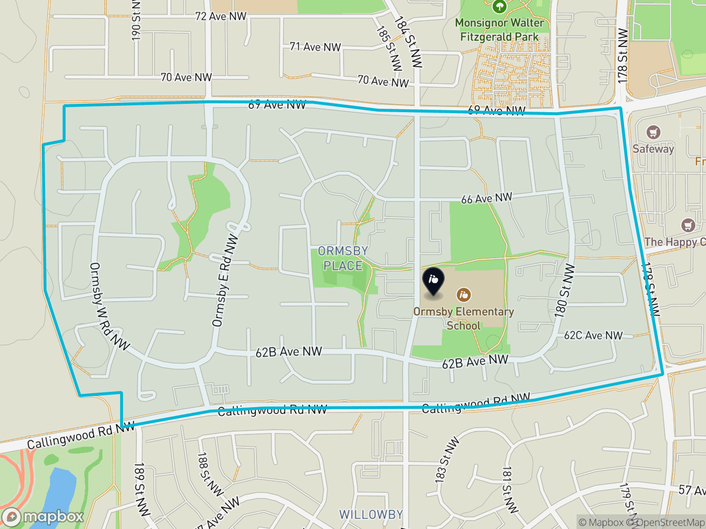 Map of Ormsby Place, Edmonton — neighbourhood boundary, 1 school, parks and surrounding streets.