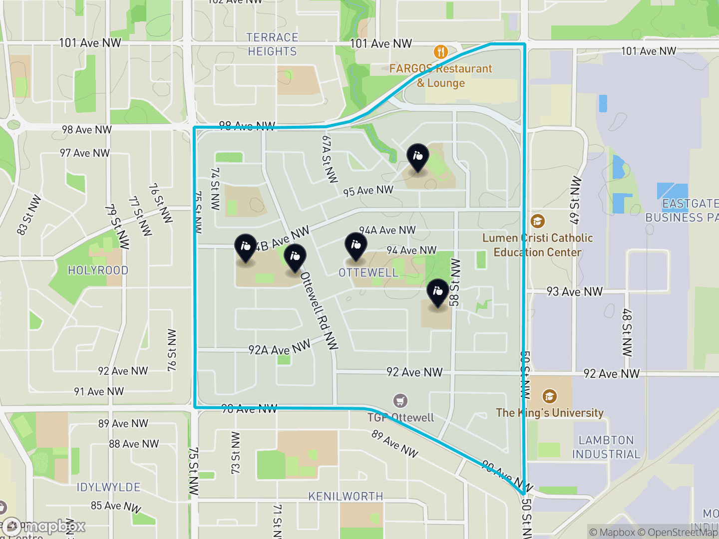 Map of Ottewell, Edmonton — neighbourhood boundary, 5 schools, parks and surrounding streets.