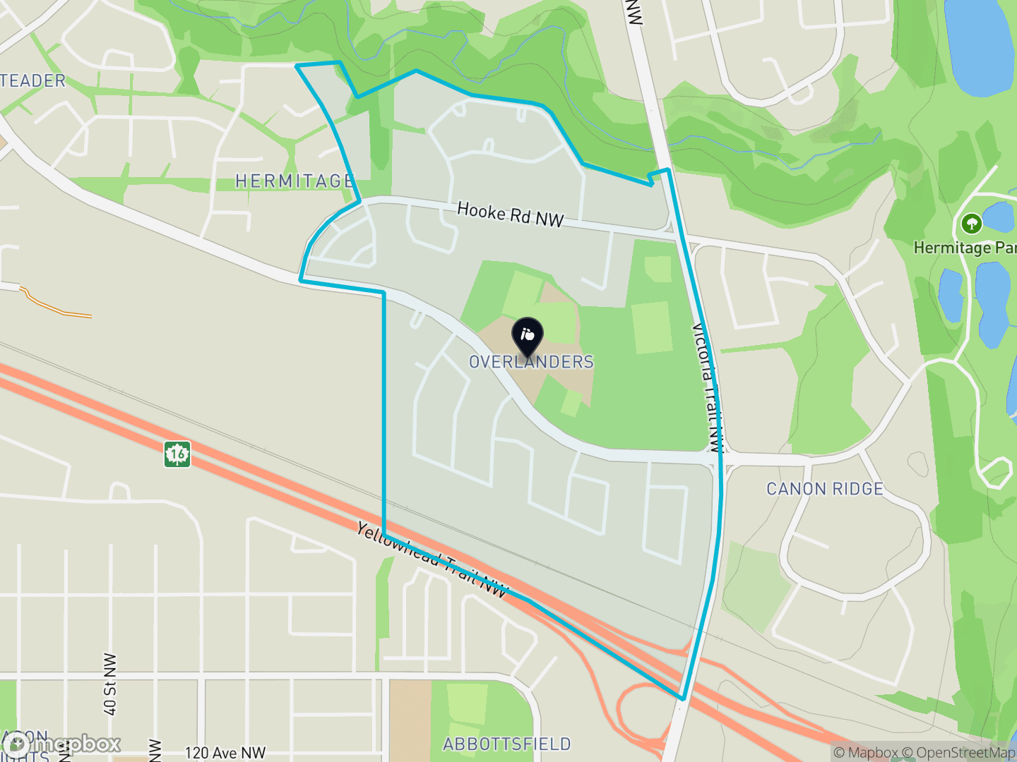 Map of Overlanders, Edmonton — neighbourhood boundary, 1 school, parks and surrounding streets.