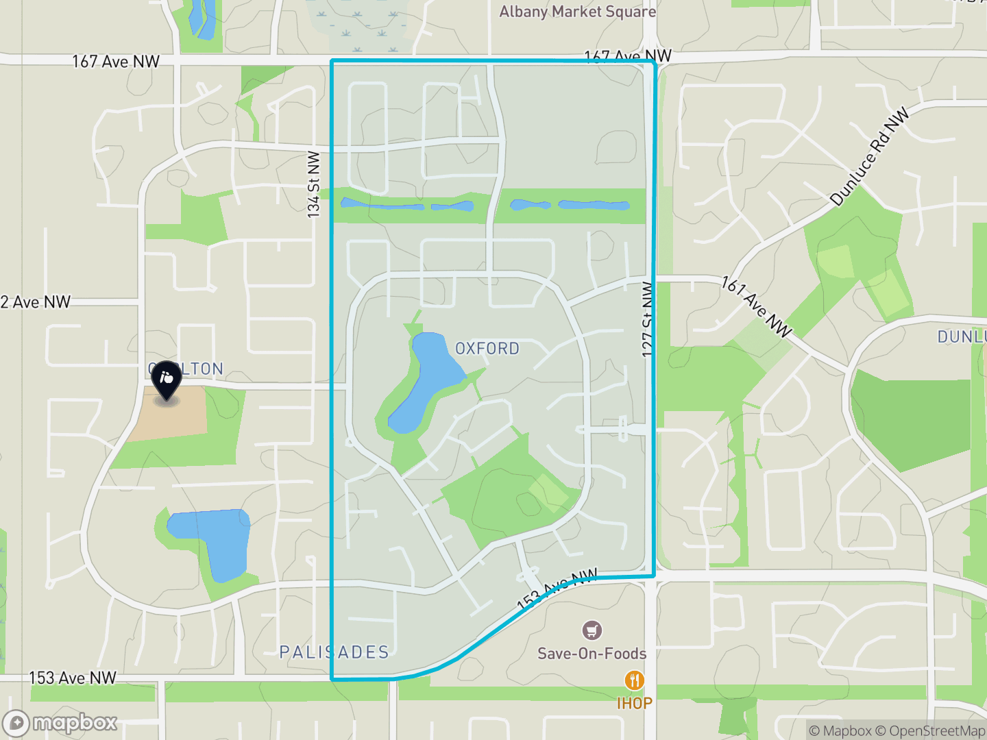 Map of Oxford, Edmonton — neighbourhood boundary, 1 school, parks and surrounding streets.