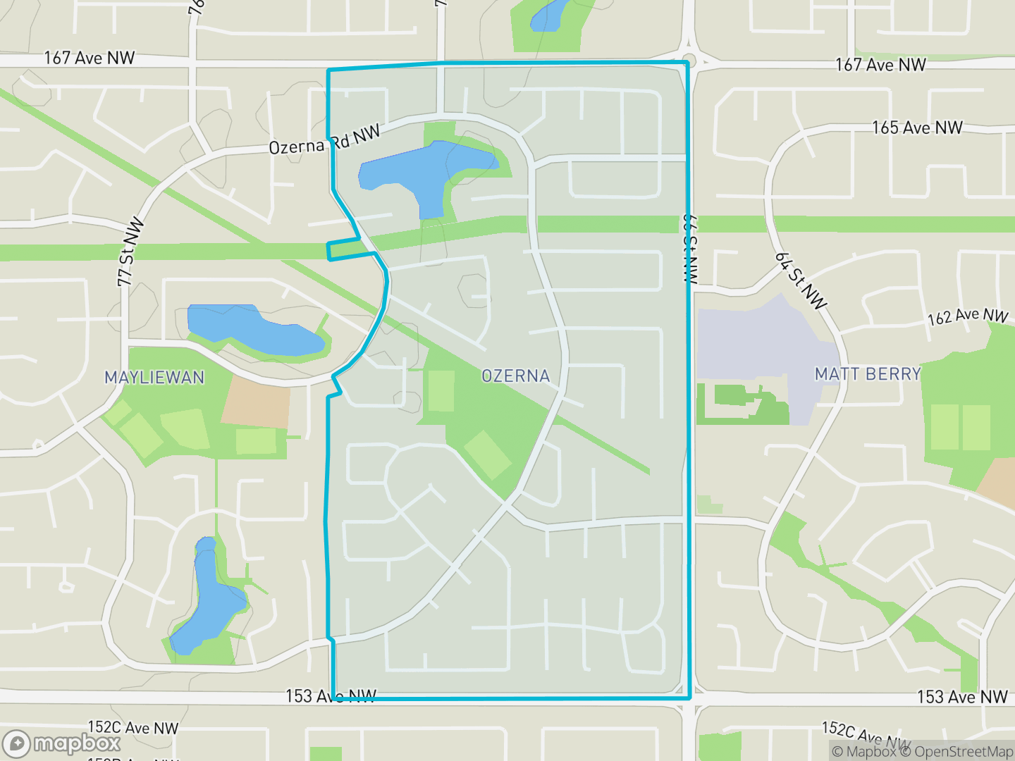 Map of Ozerna, Edmonton — neighbourhood boundary, parks and surrounding streets.