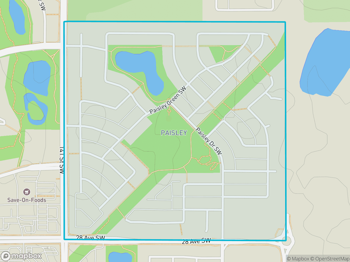 Map of Paisley, Edmonton — neighbourhood boundary, parks and surrounding streets.