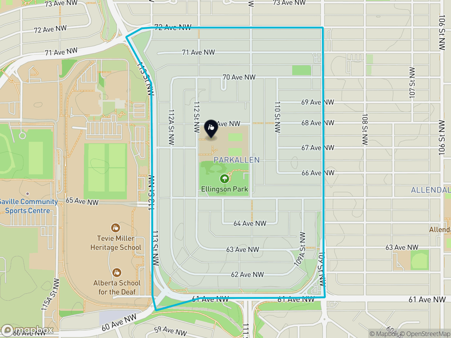Map of Parkallen, Edmonton — neighbourhood boundary, 1 school, parks and surrounding streets.