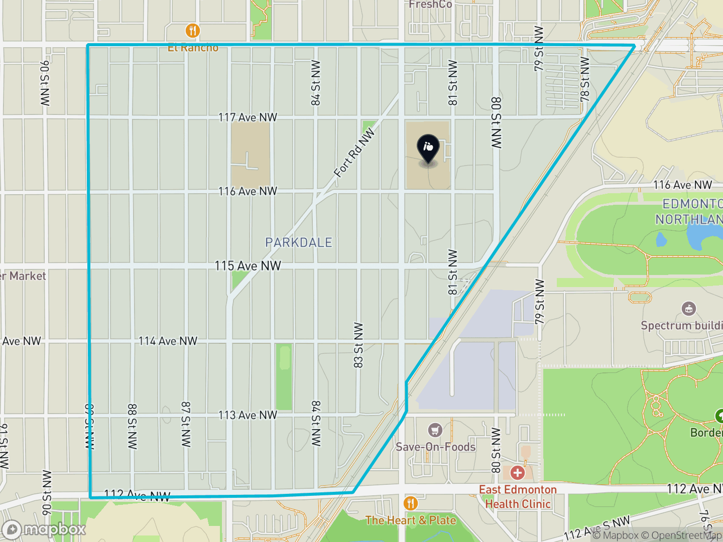 Map of Parkdale, Edmonton — neighbourhood boundary, 1 school, parks and surrounding streets.