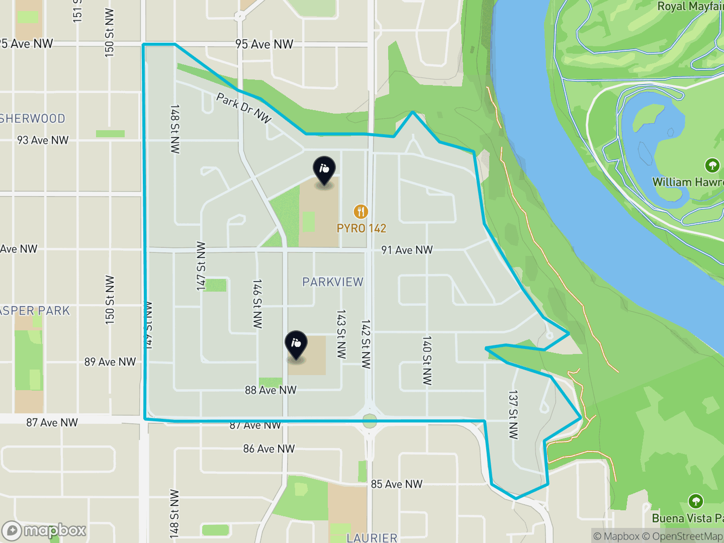 Map of Parkview, Edmonton — neighbourhood boundary, 2 schools, parks and surrounding streets.