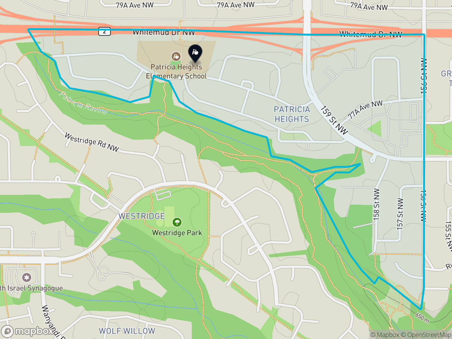 Map of Patricia Heights, Edmonton — neighbourhood boundary, 1 school, parks and surrounding streets.