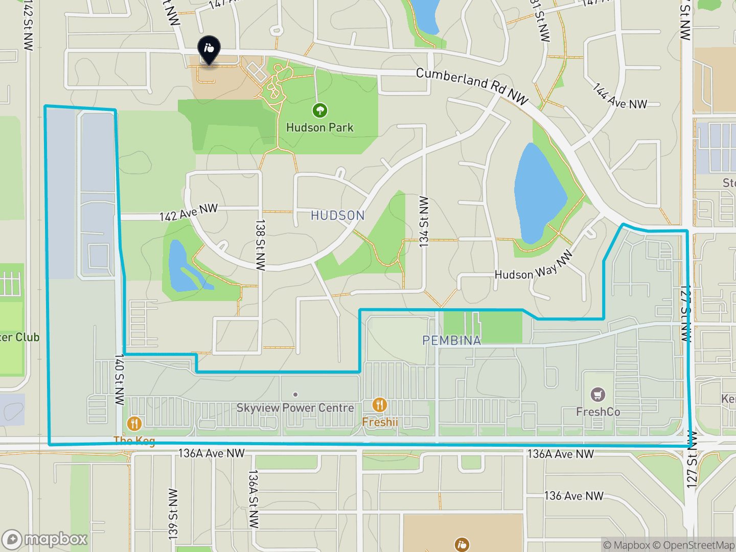 Map of Pembina, Edmonton — neighbourhood boundary, 1 school, parks and surrounding streets.