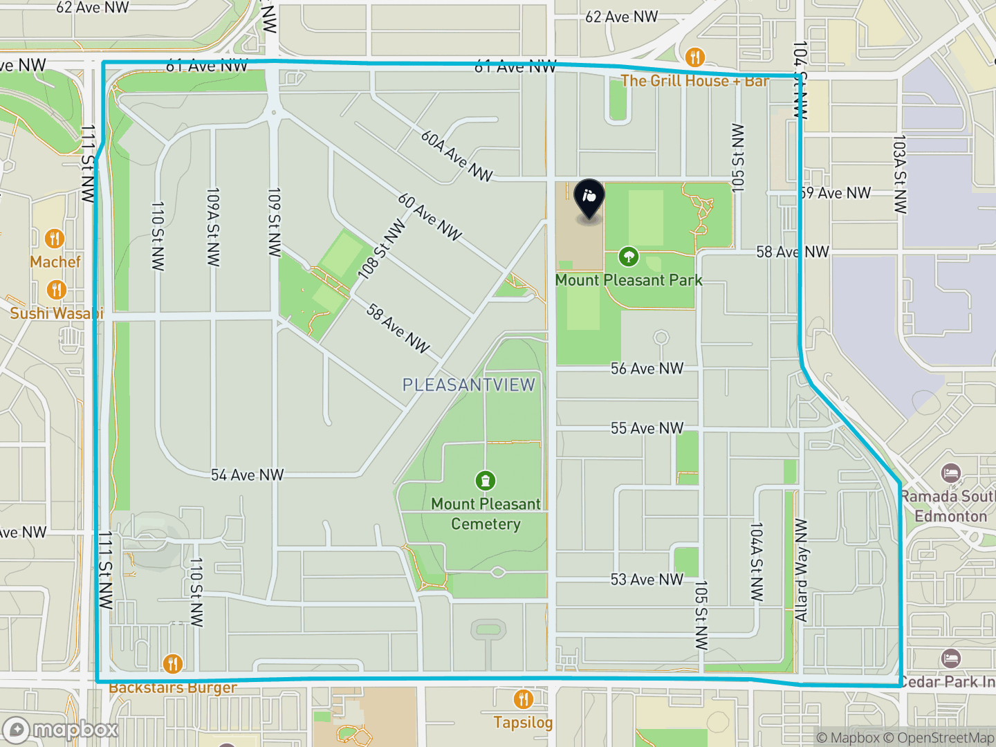 Map of Pleasantview, Edmonton — neighbourhood boundary, 1 school, parks and surrounding streets.