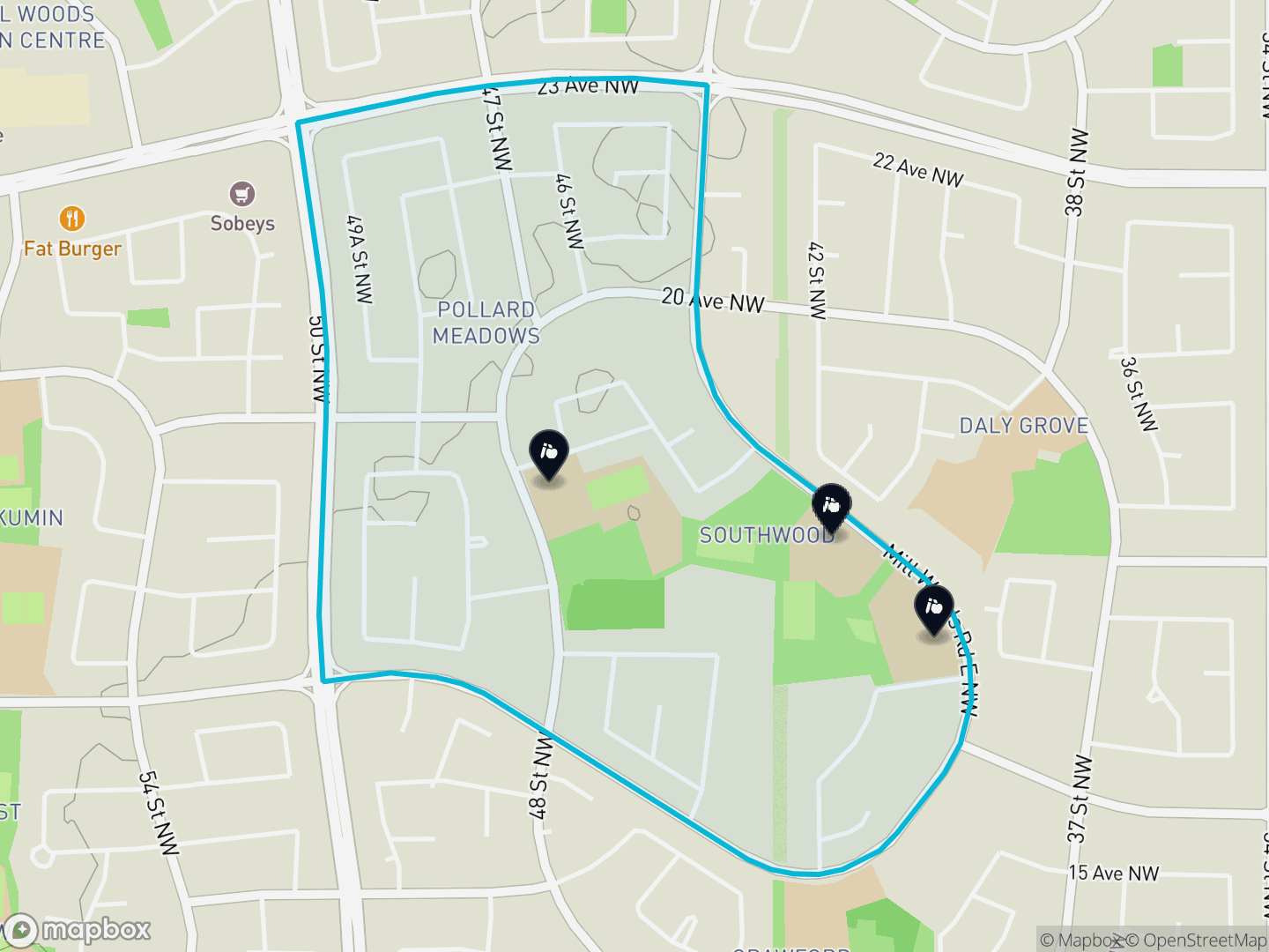 Map of Pollard Meadows, Edmonton — neighbourhood boundary, 3 schools, parks and surrounding streets.