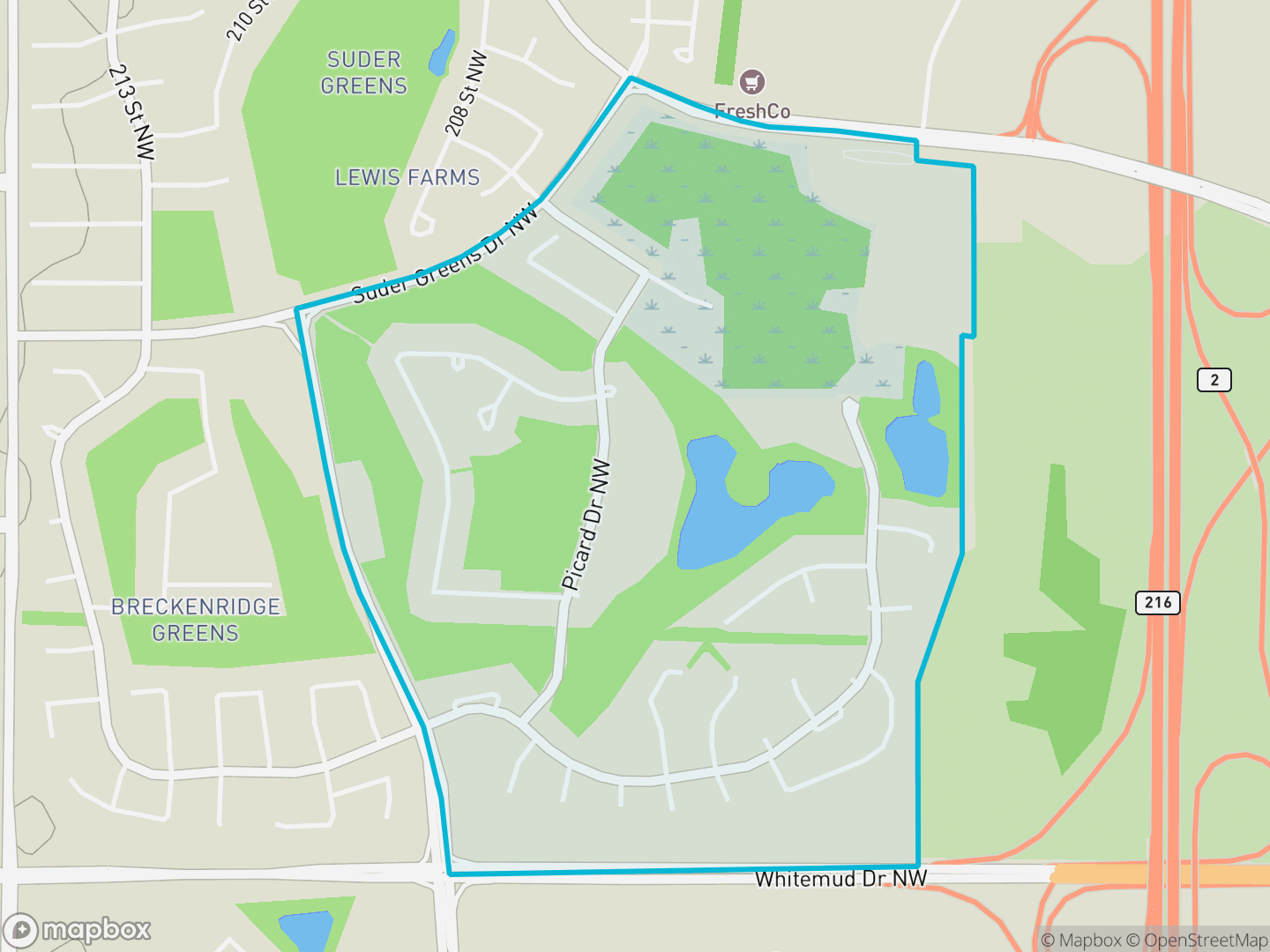 Map of Potter Greens, Edmonton — neighbourhood boundary, parks and surrounding streets.