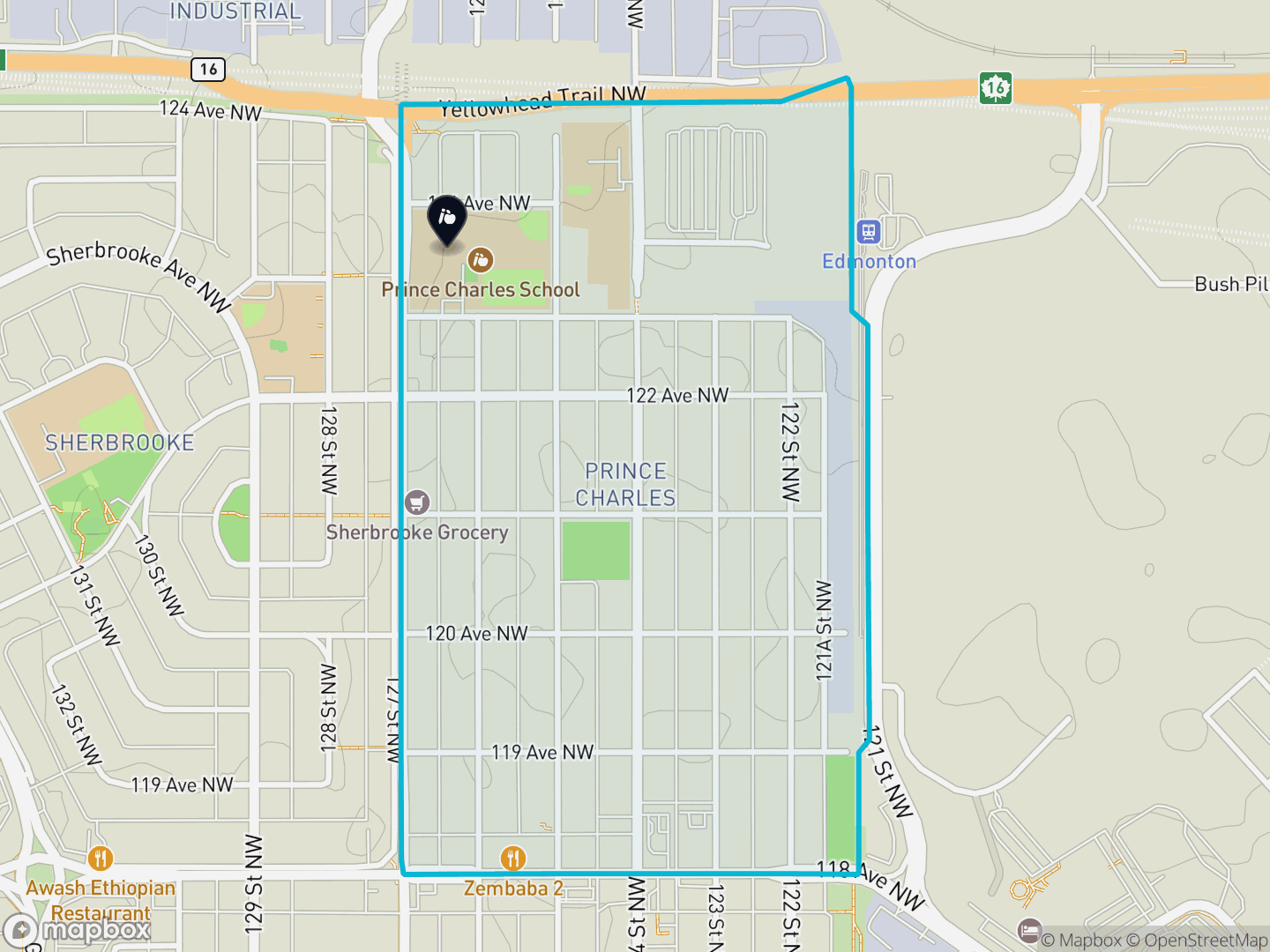 Map of Prince Charles, Edmonton — neighbourhood boundary, 1 school, parks and surrounding streets.