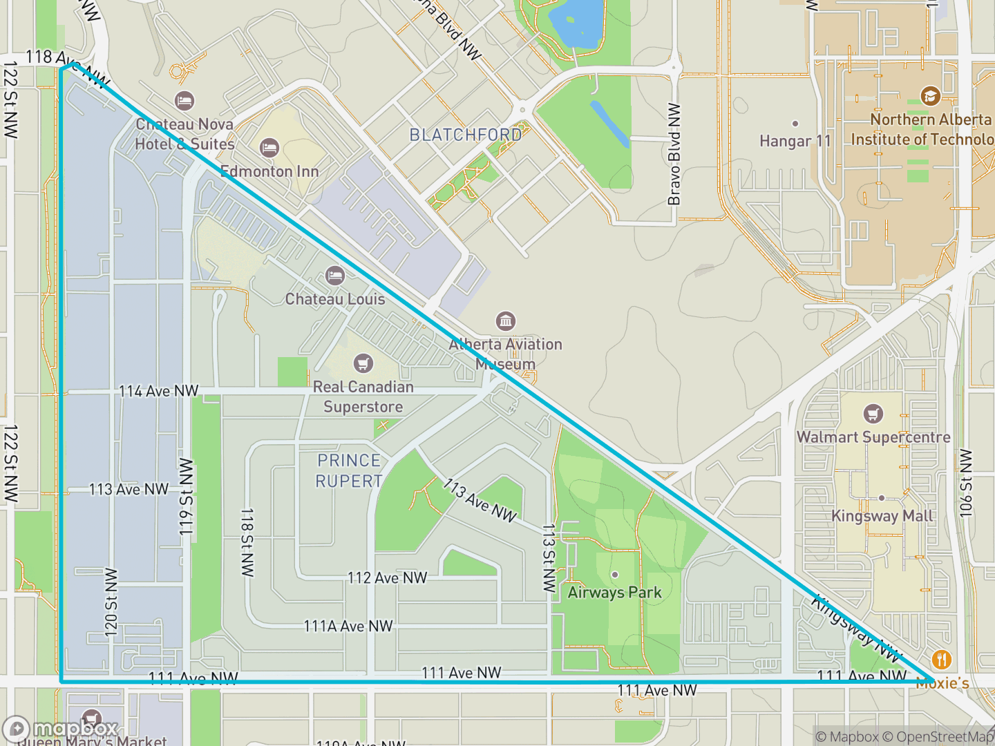 Map of Prince Rupert, Edmonton — neighbourhood boundary, parks and surrounding streets.