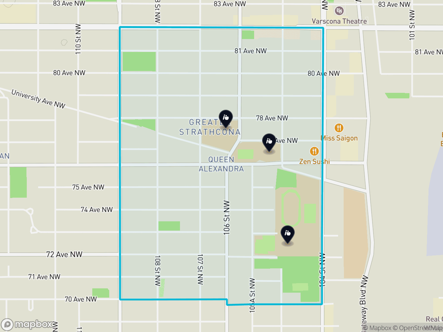 Map of Queen Alexandra, Edmonton — neighbourhood boundary, 3 schools, parks and surrounding streets.