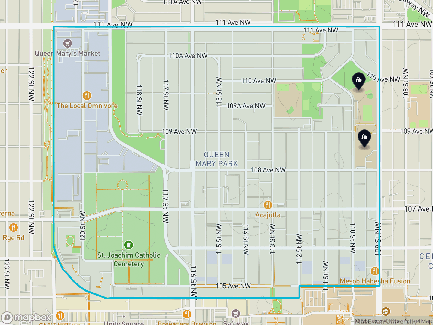 Map of Queen Mary Park, Edmonton — neighbourhood boundary, 2 schools, parks and surrounding streets.