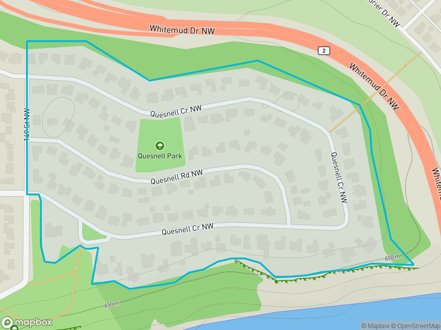 Map of Quesnell Heights, Edmonton — neighbourhood boundary, parks and surrounding streets.