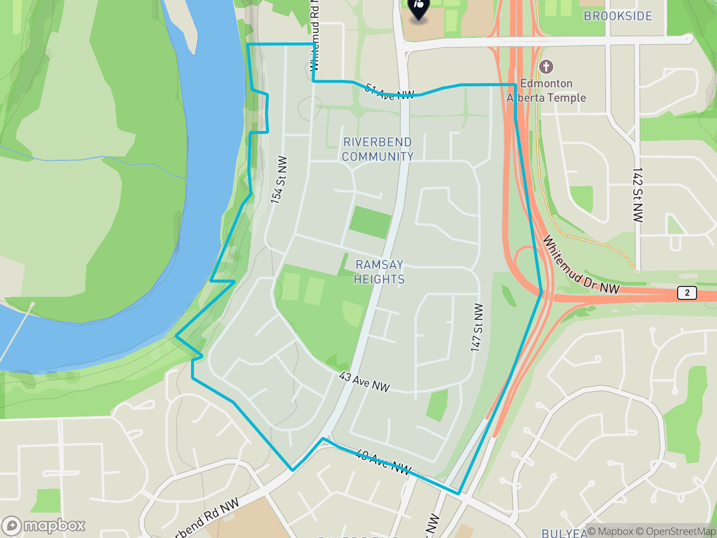 Map of Ramsay Heights, Edmonton — neighbourhood boundary, 1 school, parks and surrounding streets.