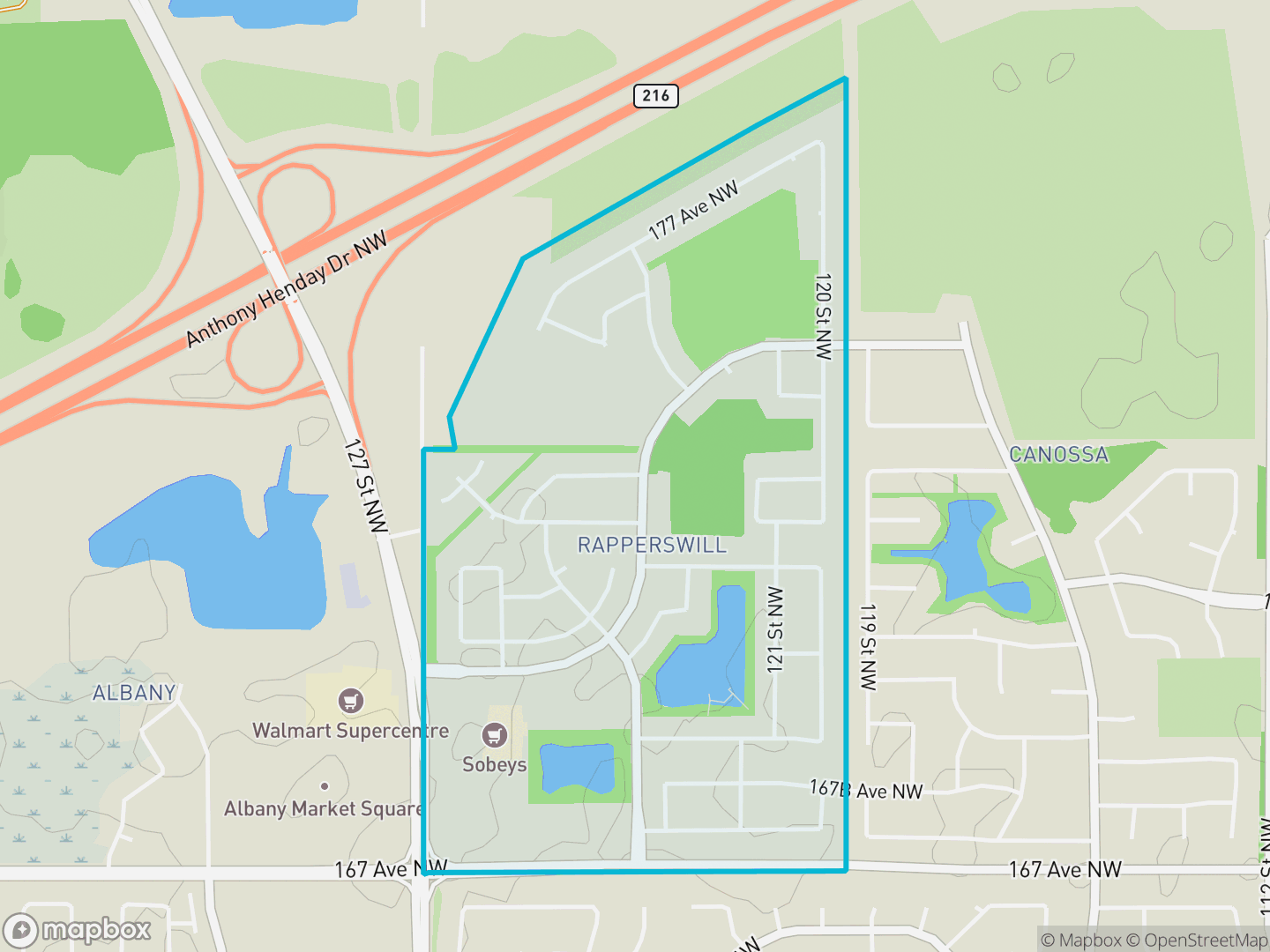 Map of Rapperswill, Edmonton — neighbourhood boundary, parks and surrounding streets.