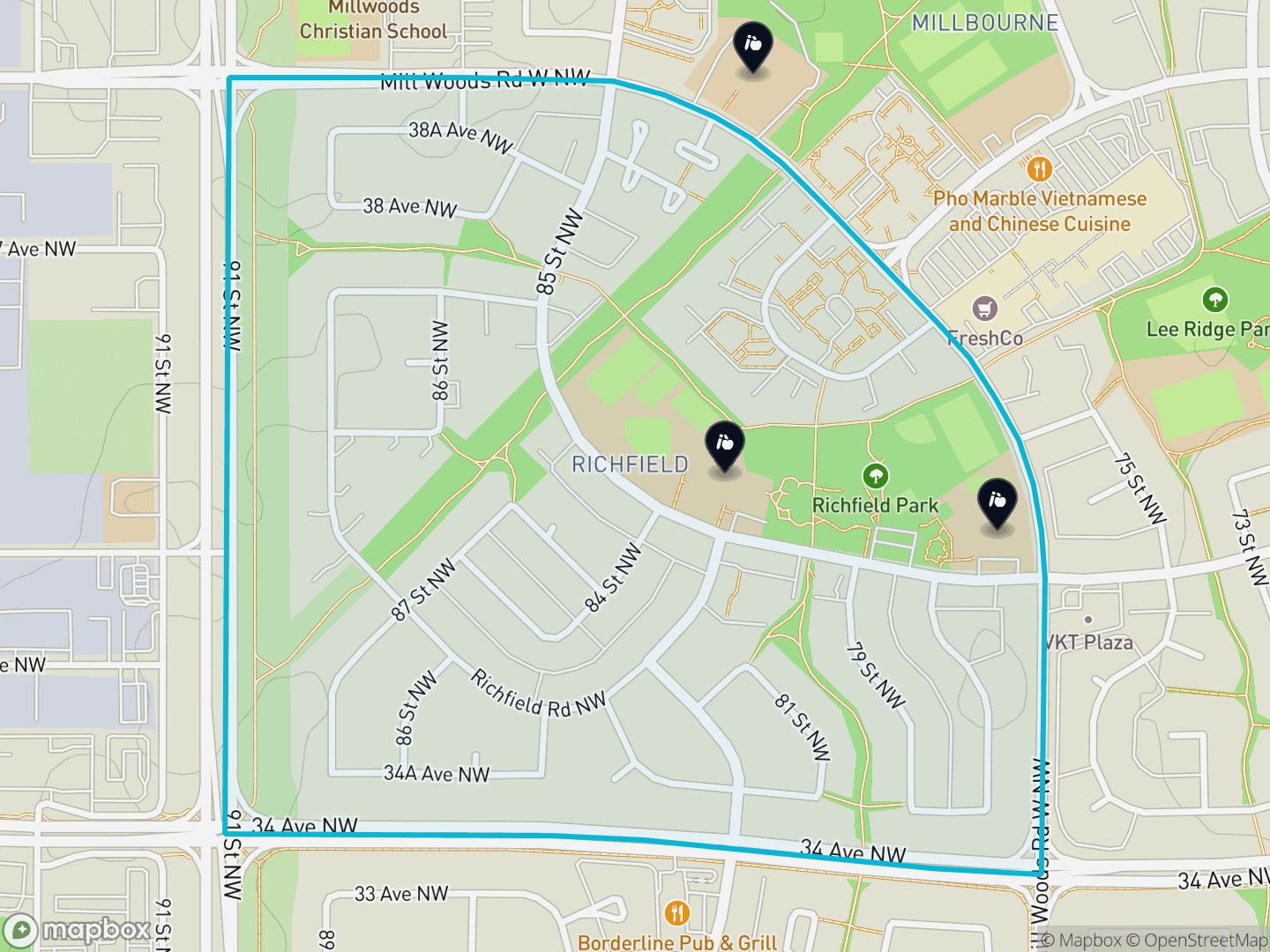 Map of Richfield, Edmonton — neighbourhood boundary, 3 schools, parks and surrounding streets.
