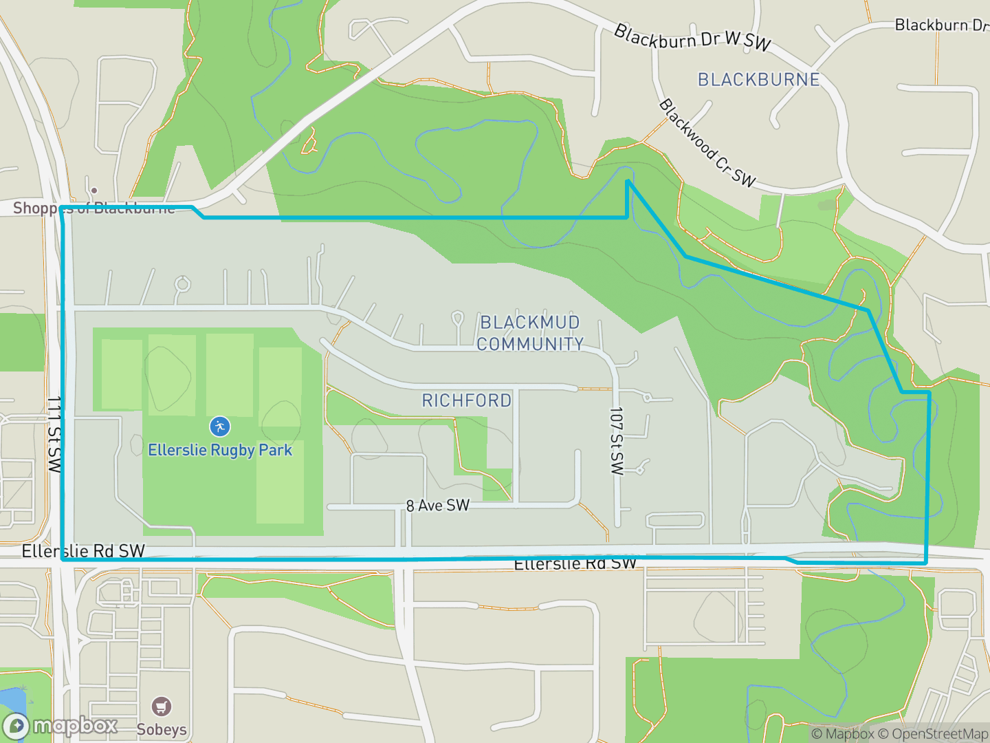Map of Richford, Edmonton — neighbourhood boundary, parks and surrounding streets.