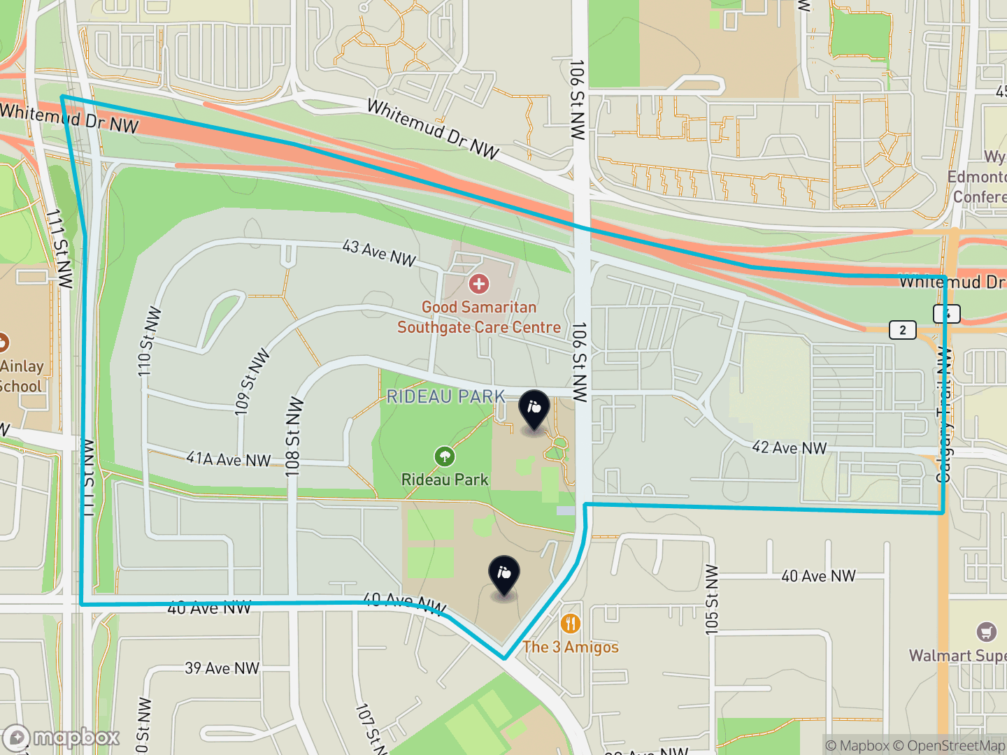 Map of Rideau Park, Edmonton — neighbourhood boundary, 2 schools, parks and surrounding streets.