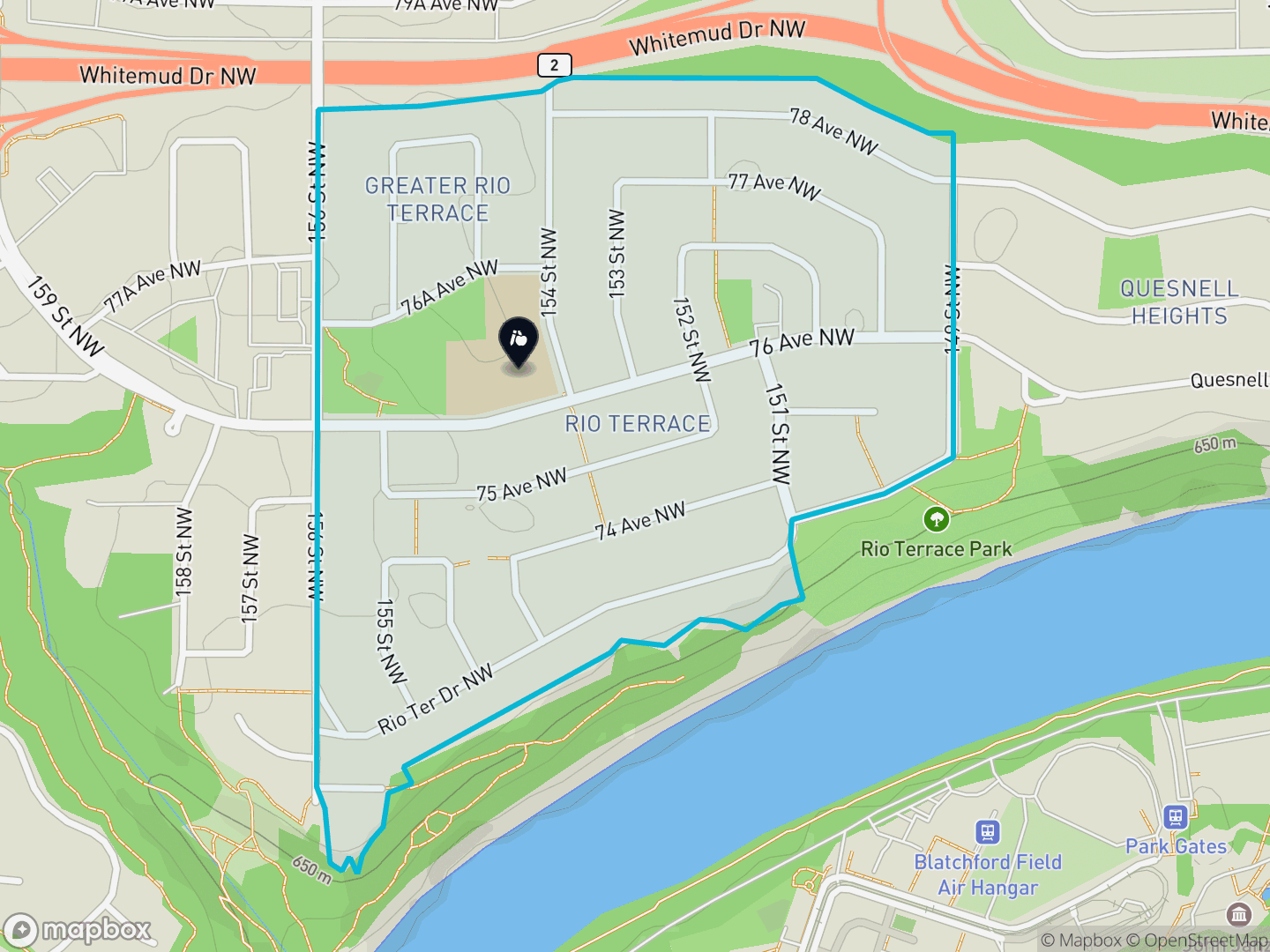 Map of Rio Terrace, Edmonton — neighbourhood boundary, 1 school, parks and surrounding streets.