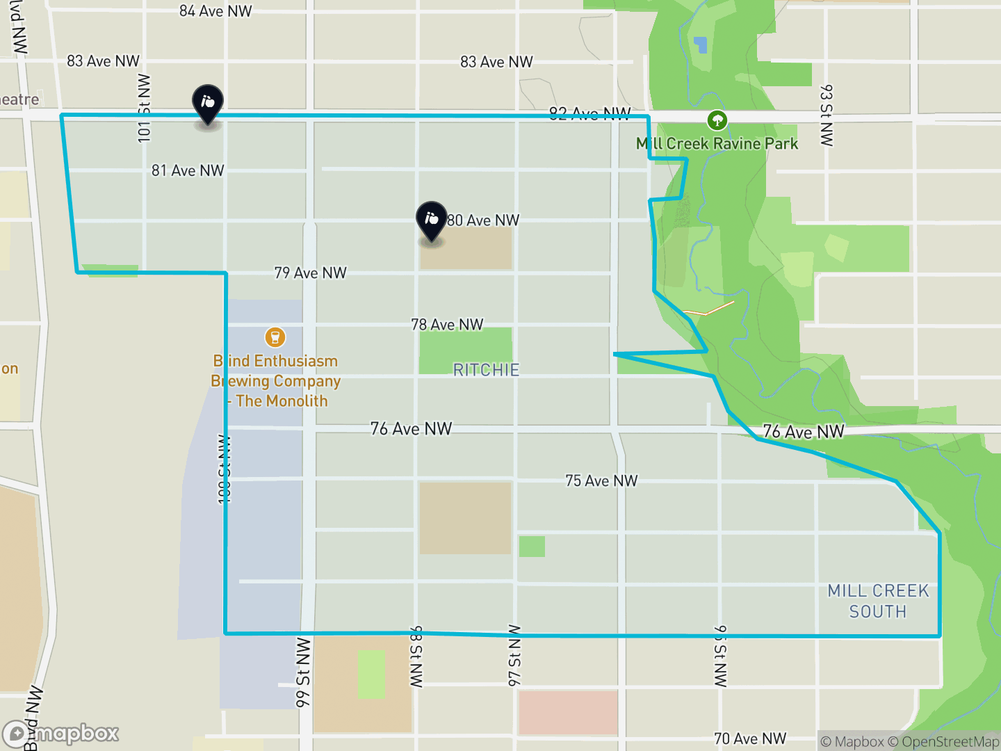 Map of Ritchie, Edmonton — neighbourhood boundary, 2 schools, parks and surrounding streets.
