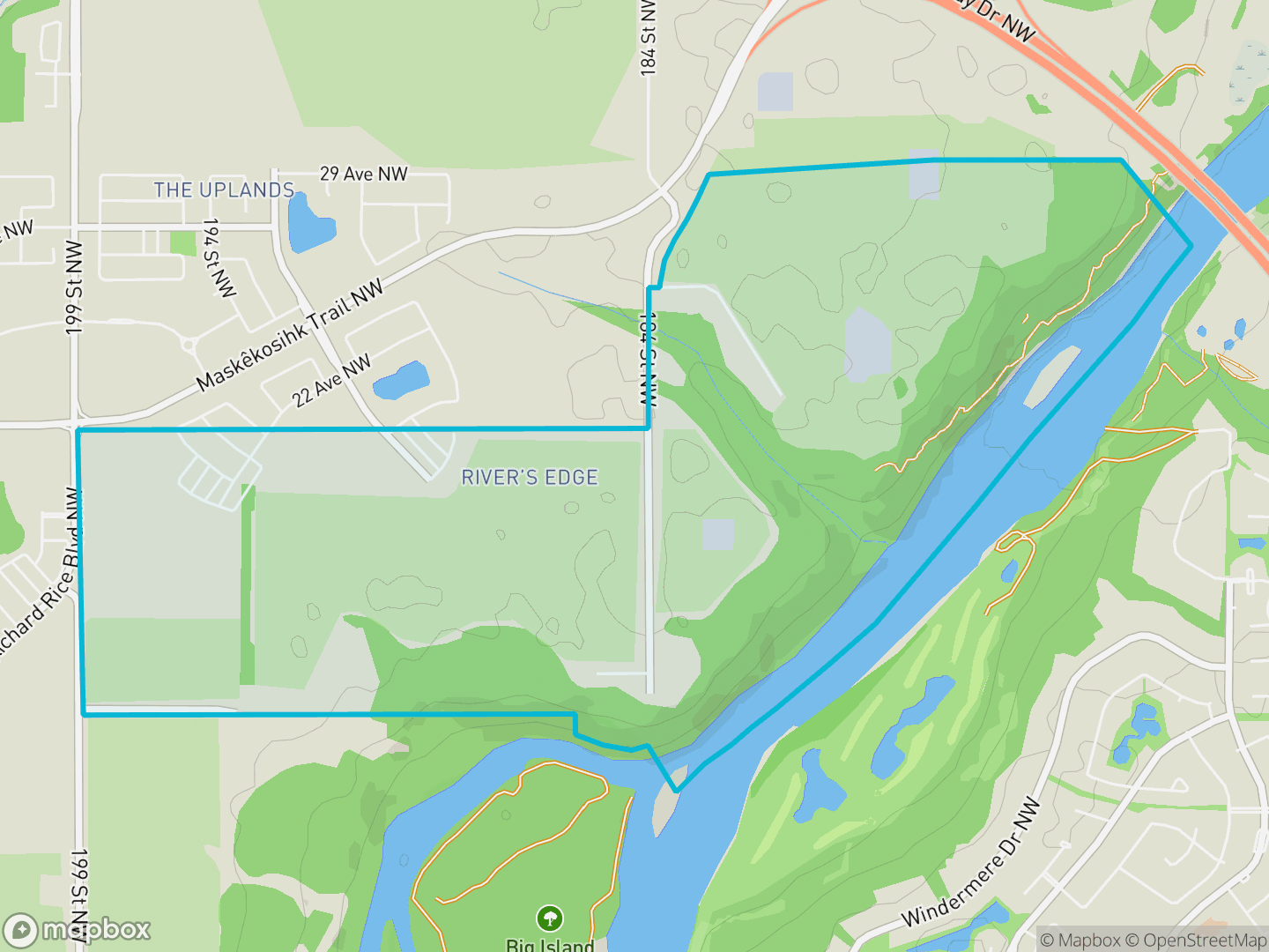 Map of River's Edge, Edmonton — neighbourhood boundary, parks and surrounding streets.