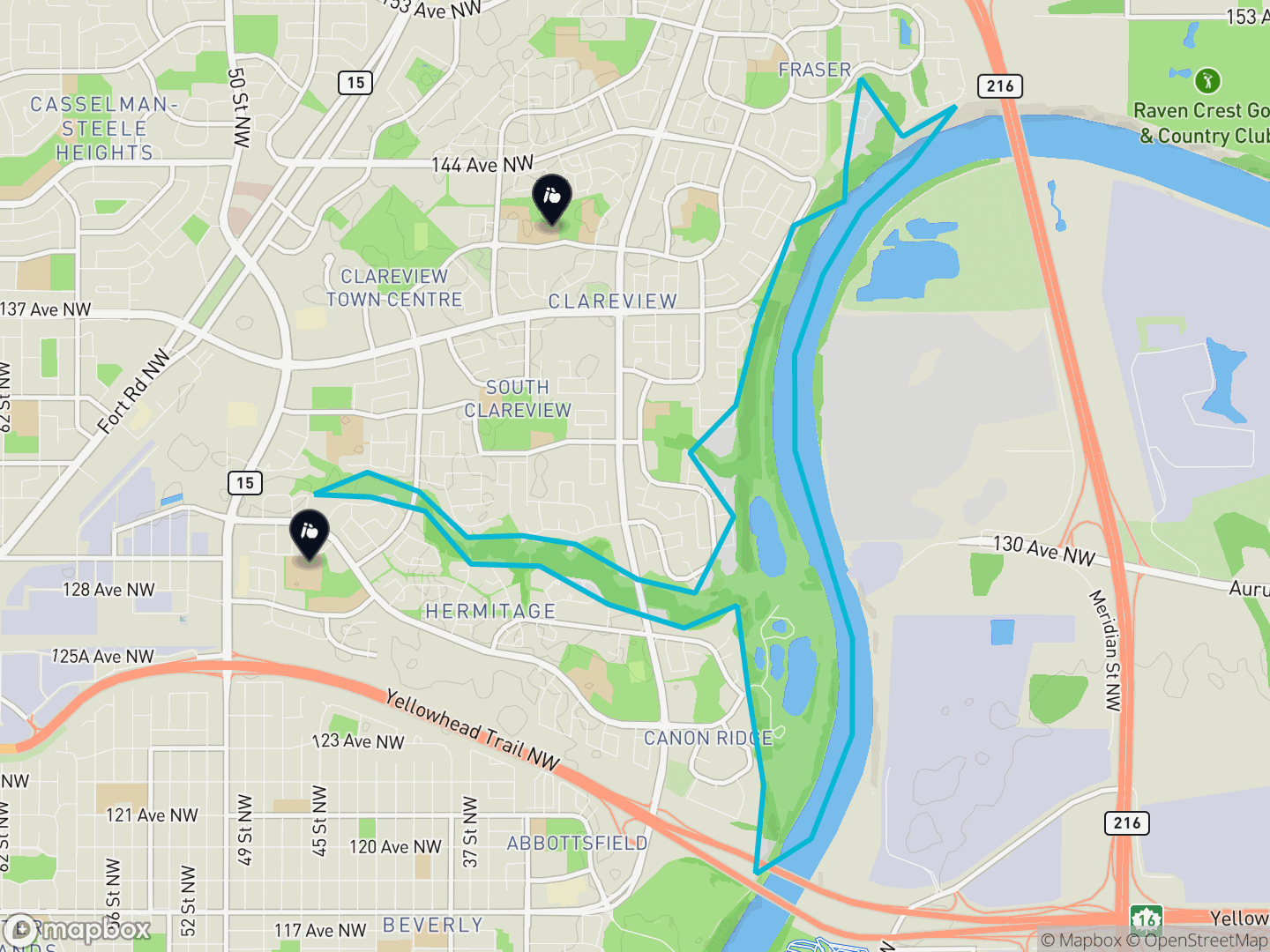 Map of River Valley Hermitage, Edmonton — neighbourhood boundary, 2 schools, parks and surrounding streets.