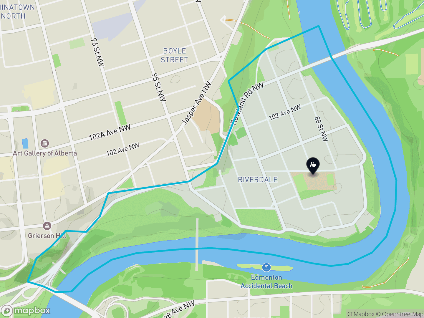 Map of Riverdale, Edmonton — neighbourhood boundary, 1 school, parks and surrounding streets.
