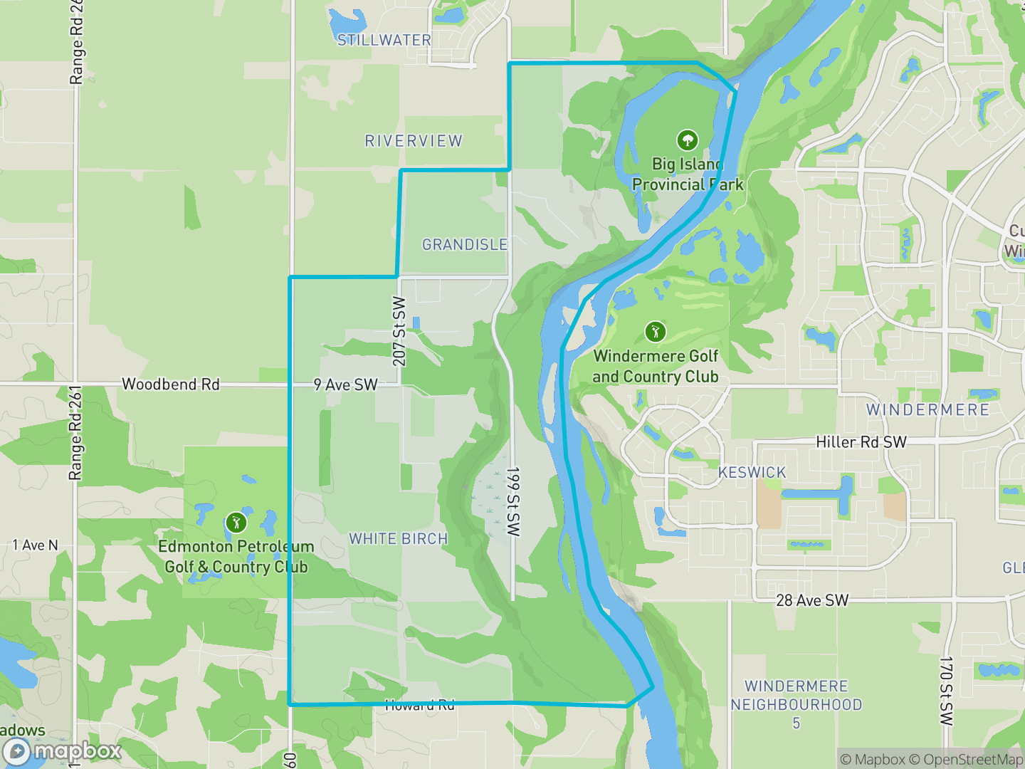 Map of Riverview Area, Edmonton — neighbourhood boundary, parks and surrounding streets.