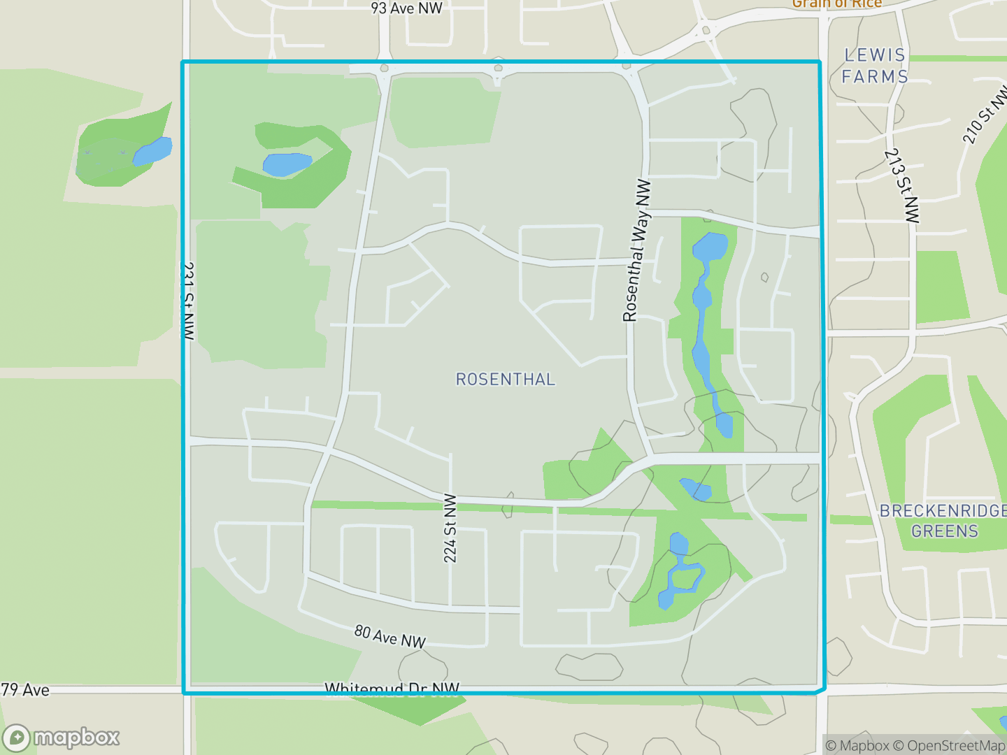 Map of Rosenthal, Edmonton — neighbourhood boundary, parks and surrounding streets.