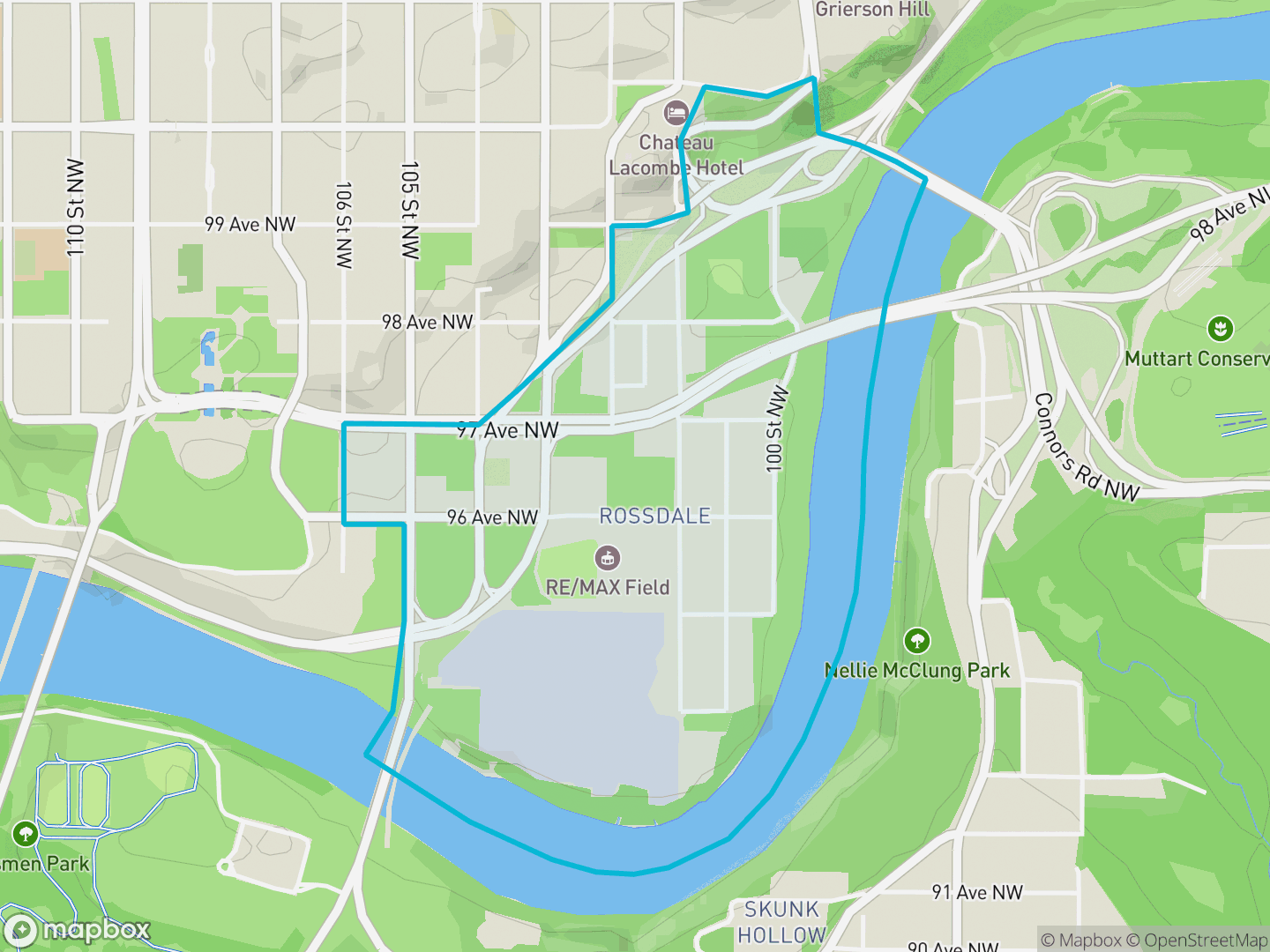 Map of Rossdale, Edmonton — neighbourhood boundary, parks and surrounding streets.