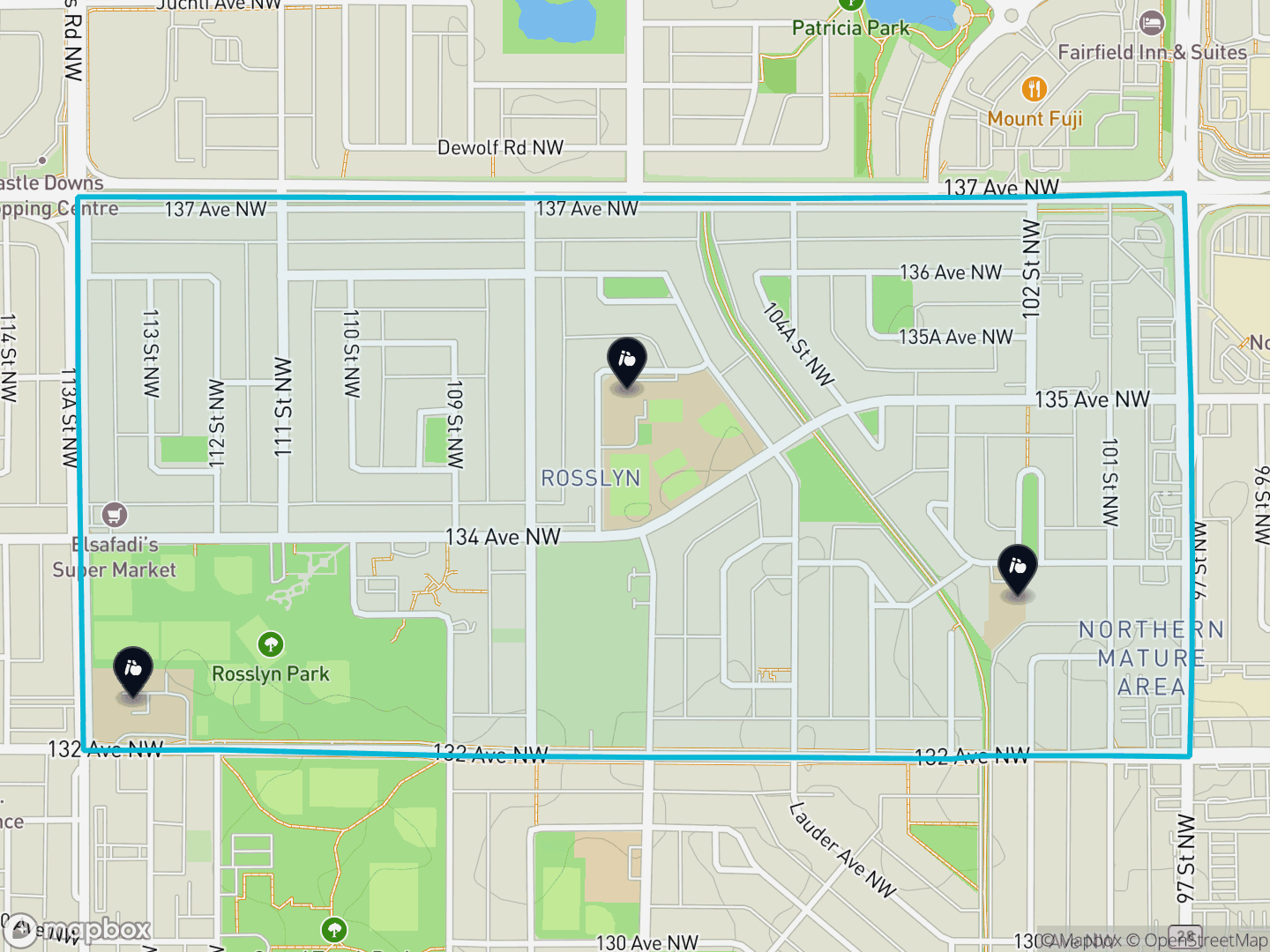 Map of Rosslyn, Edmonton — neighbourhood boundary, 3 schools, parks and surrounding streets.