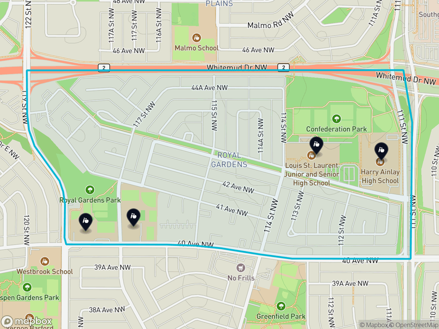 Map of Royal Gardens, Edmonton — neighbourhood boundary, 4 schools, parks and surrounding streets.
