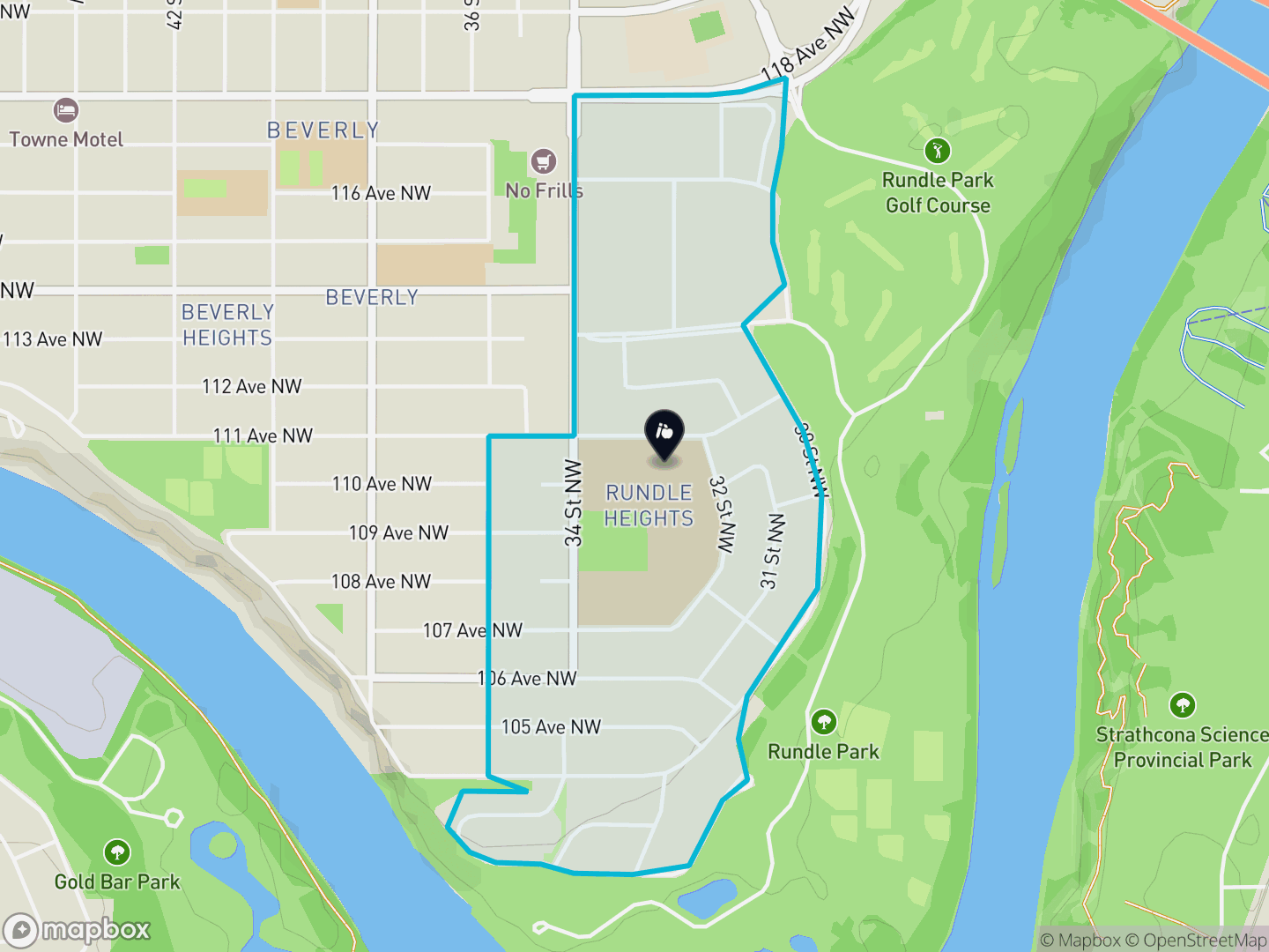 Map of Rundle Heights, Edmonton — neighbourhood boundary, 1 school, parks and surrounding streets.