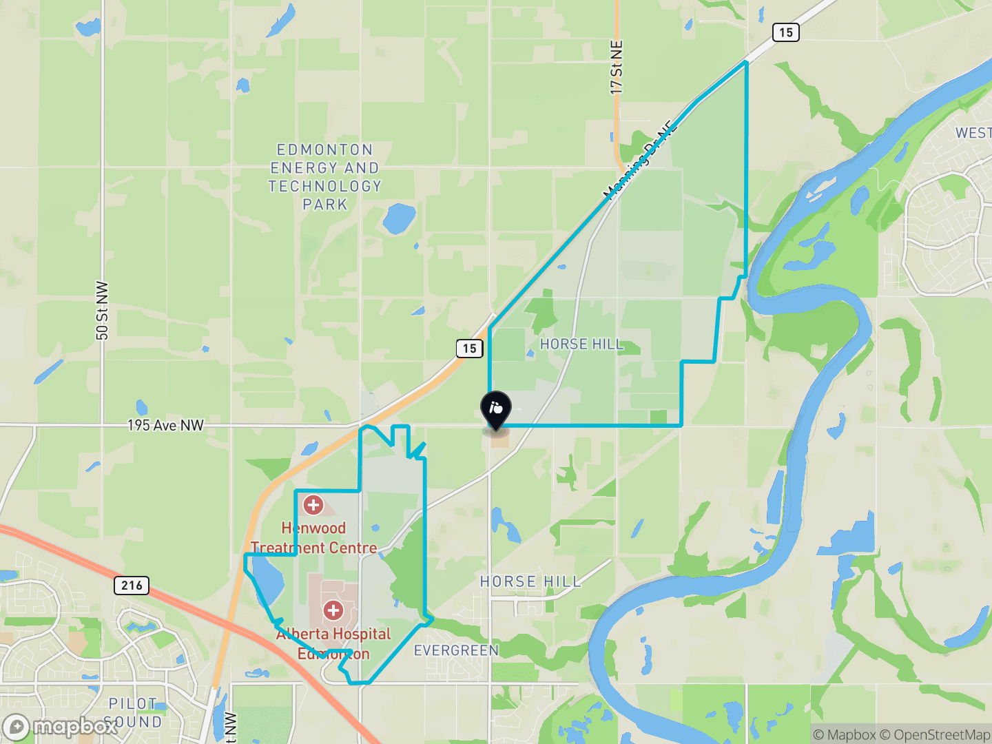 Map of Rural North East Horse Hill, Edmonton — neighbourhood boundary, 1 school, parks and surrounding streets.