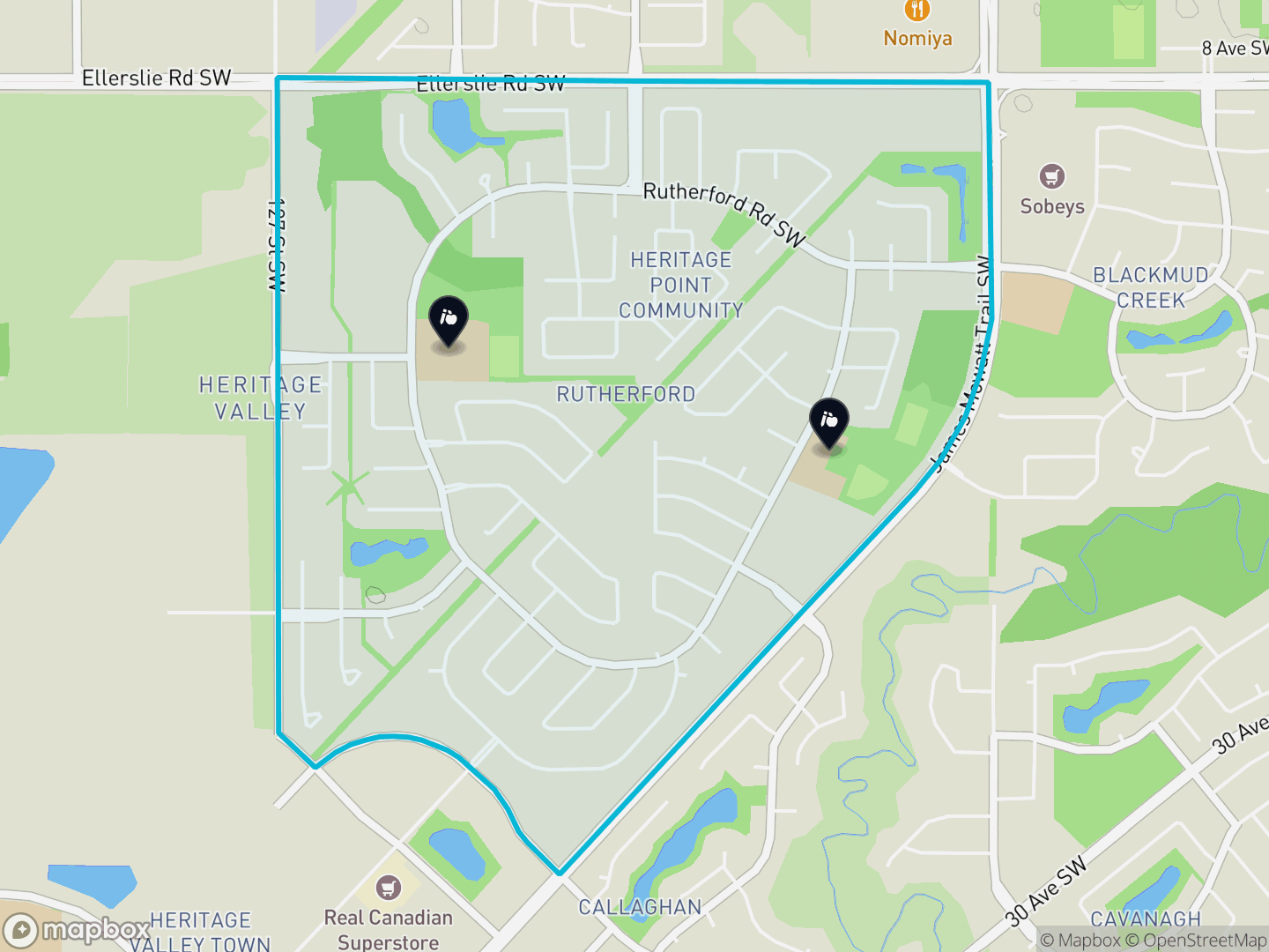 Map of Rutherford, Edmonton — neighbourhood boundary, 2 schools, parks and surrounding streets.