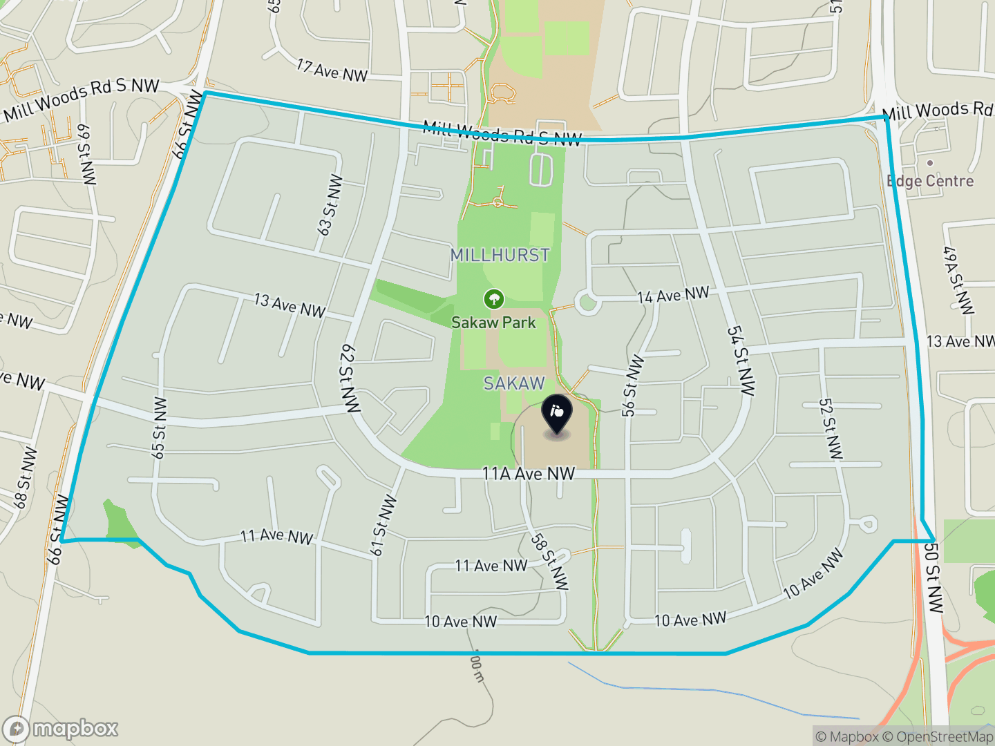 Map of Sakaw, Edmonton — neighbourhood boundary, 1 school, parks and surrounding streets.