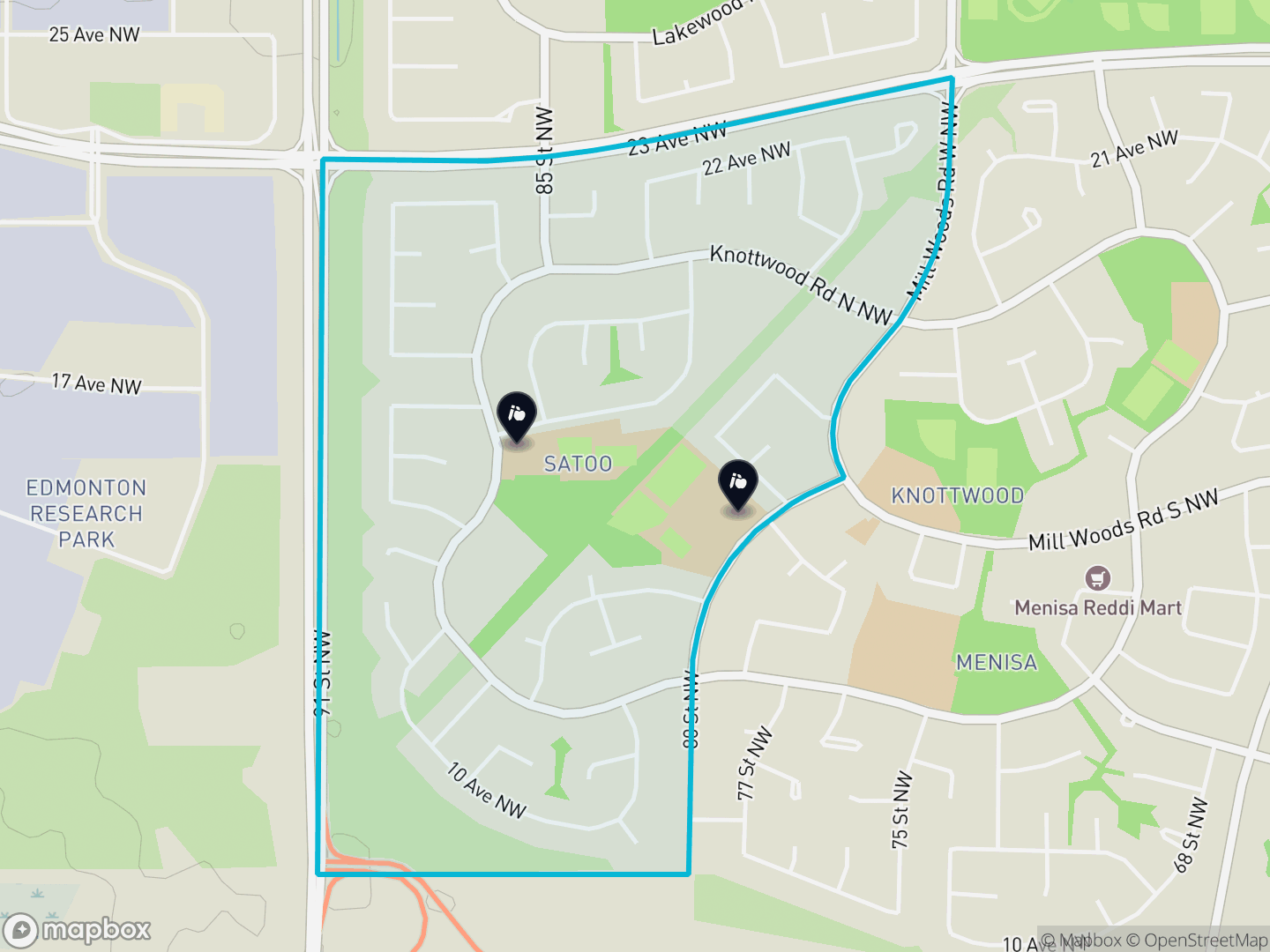 Map of Satoo, Edmonton — neighbourhood boundary, 2 schools, parks and surrounding streets.