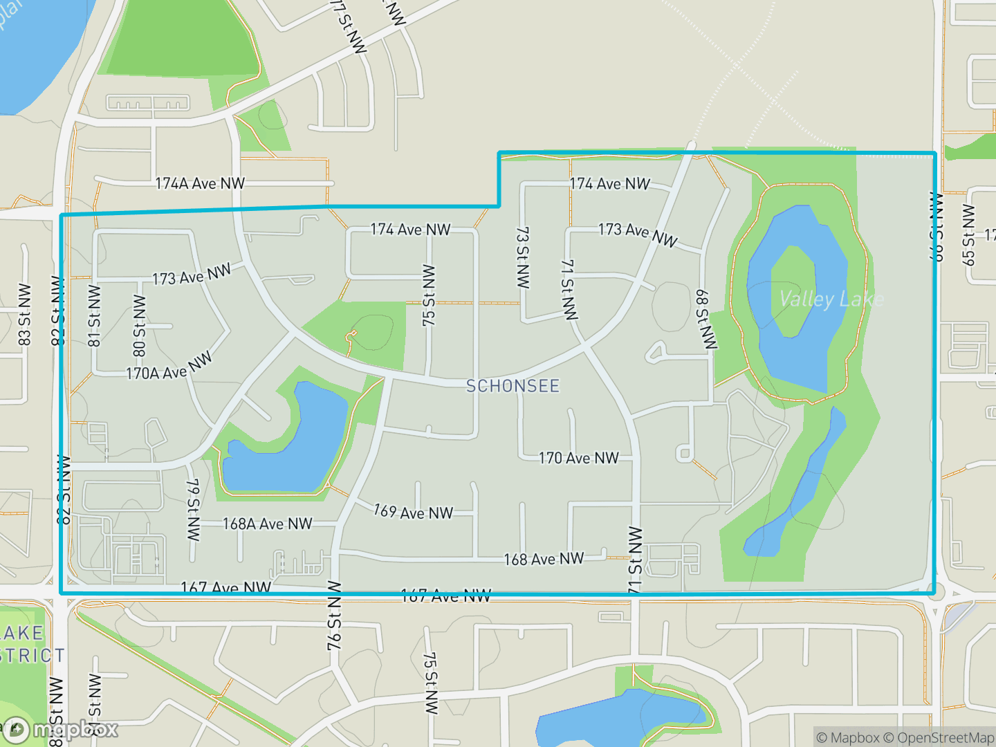 Map of Schonsee, Edmonton — neighbourhood boundary, parks and surrounding streets.