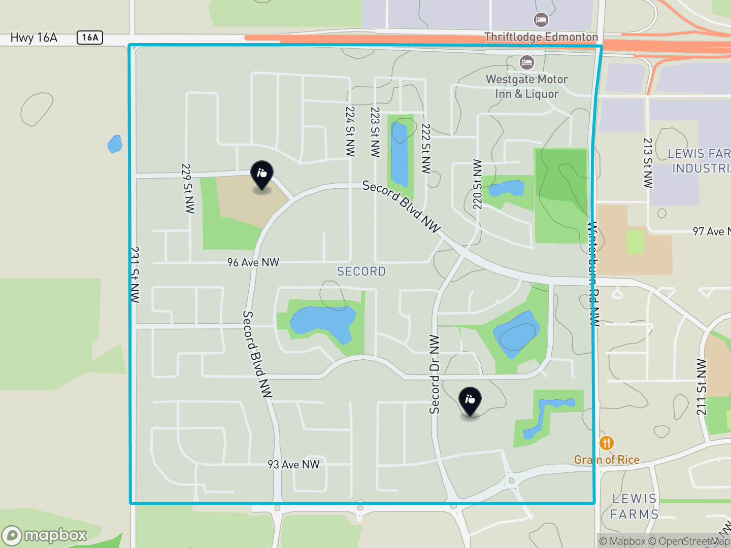 Map of Secord, Edmonton — neighbourhood boundary, 2 schools, parks and surrounding streets.