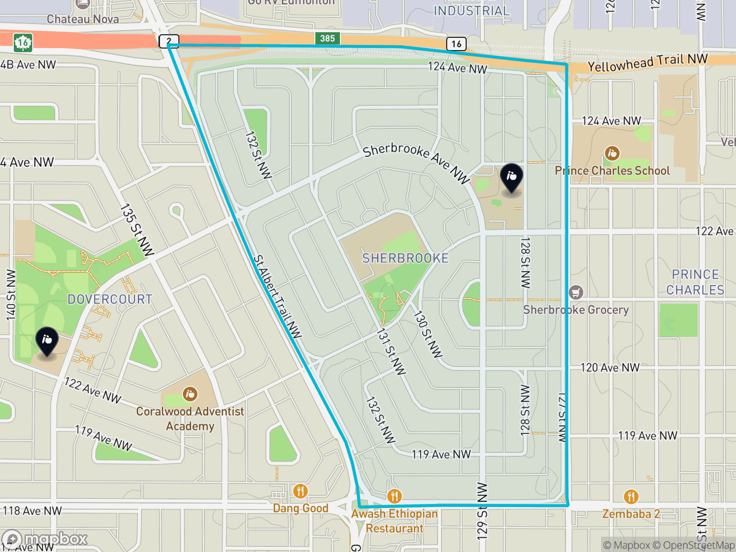 Map of Sherbrooke, Edmonton — neighbourhood boundary, 2 schools, parks and surrounding streets.