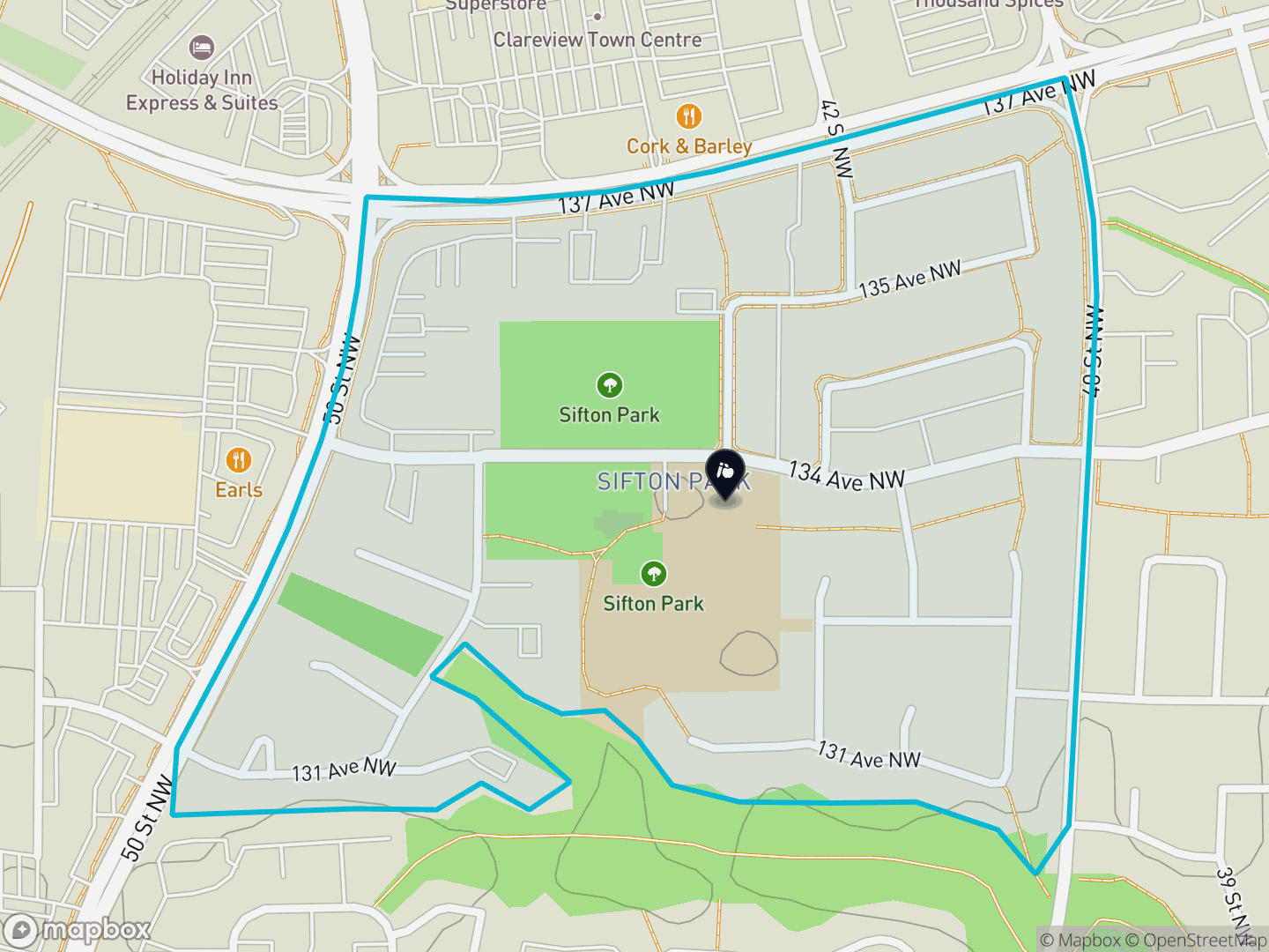 Map of Sifton Park, Edmonton — neighbourhood boundary, 1 school, parks and surrounding streets.