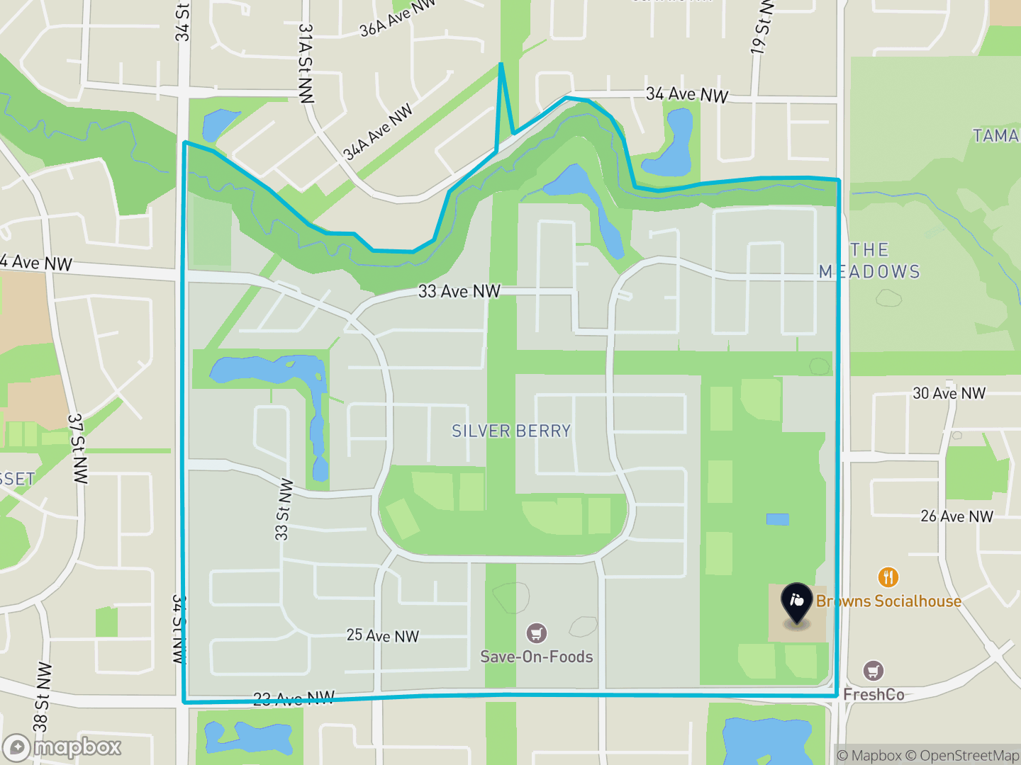 Map of Silver Berry, Edmonton — neighbourhood boundary, 1 school, parks and surrounding streets.