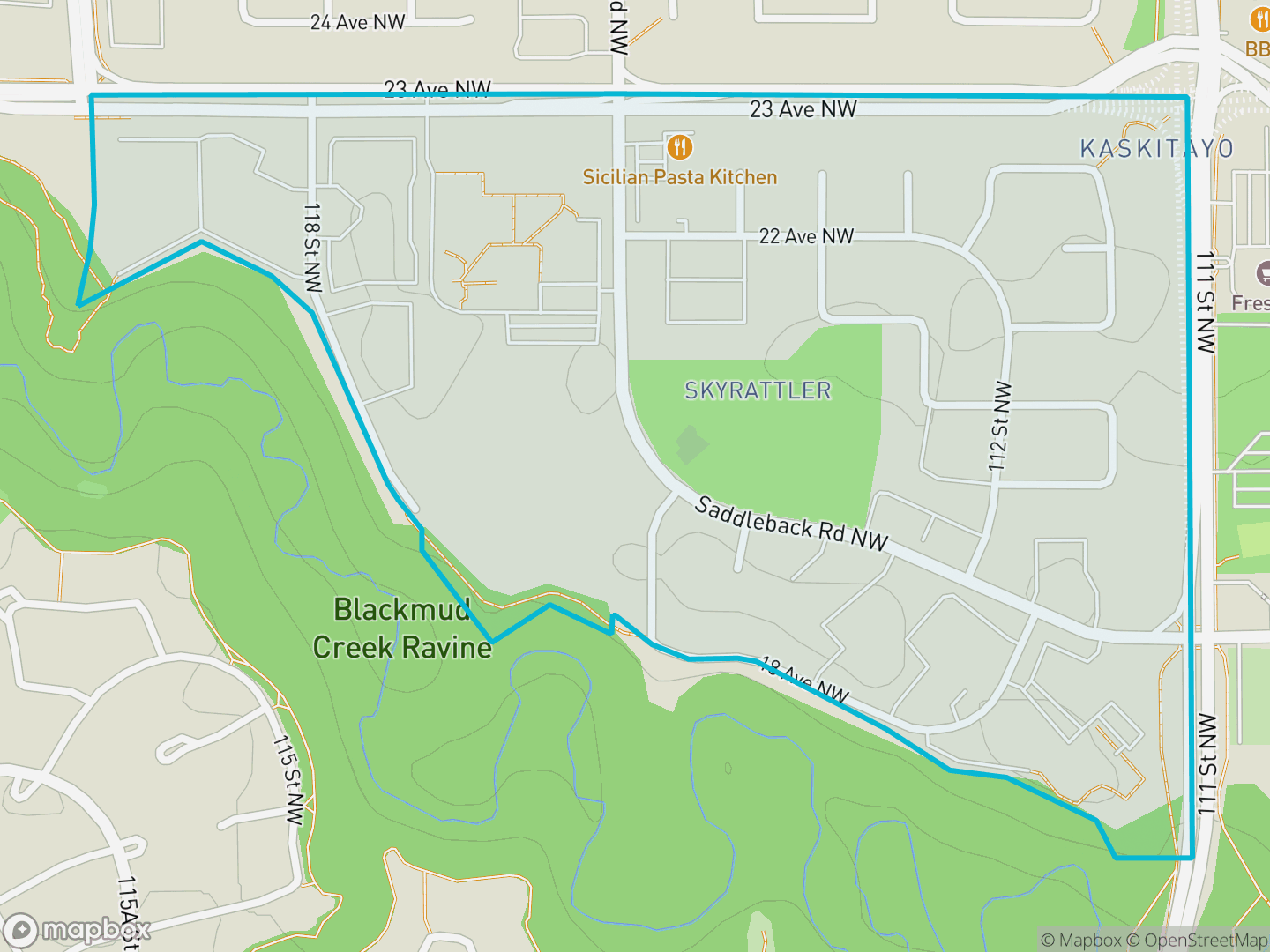 Map of Skyrattler, Edmonton — neighbourhood boundary, parks and surrounding streets.