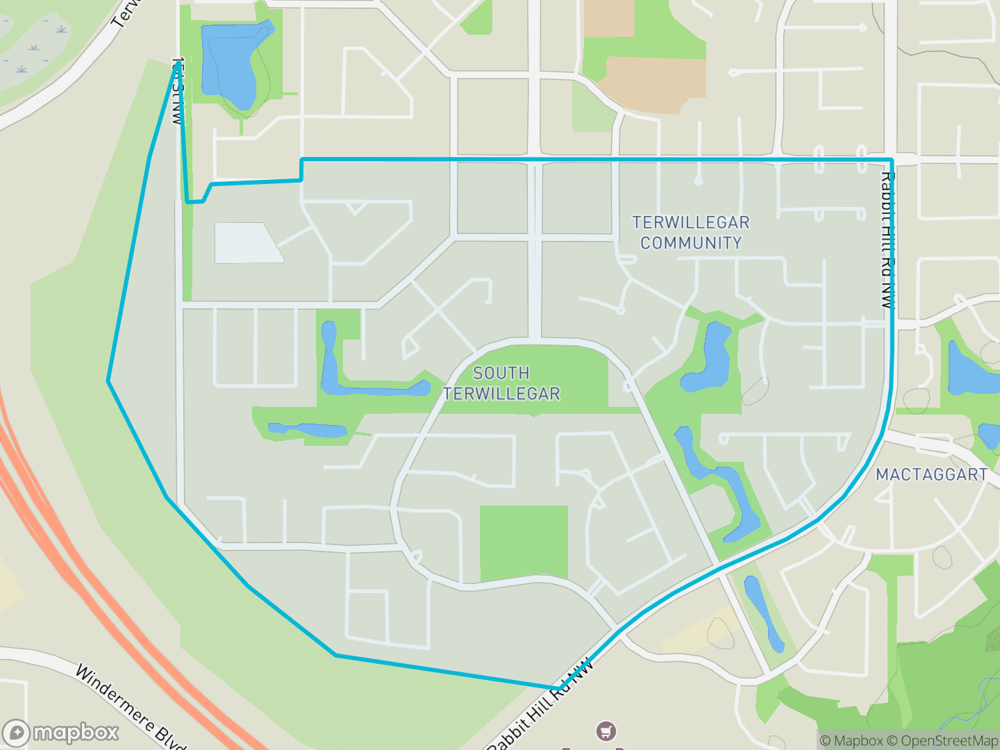 Map of South Terwillegar, Edmonton — neighbourhood boundary, parks and surrounding streets.