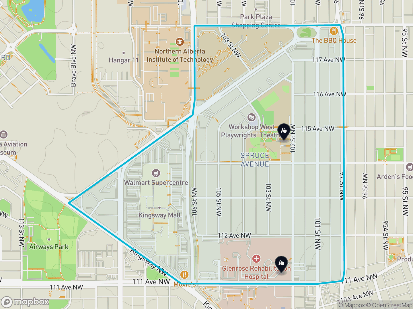 Map of Spruce Avenue, Edmonton — neighbourhood boundary, 2 schools, parks and surrounding streets.