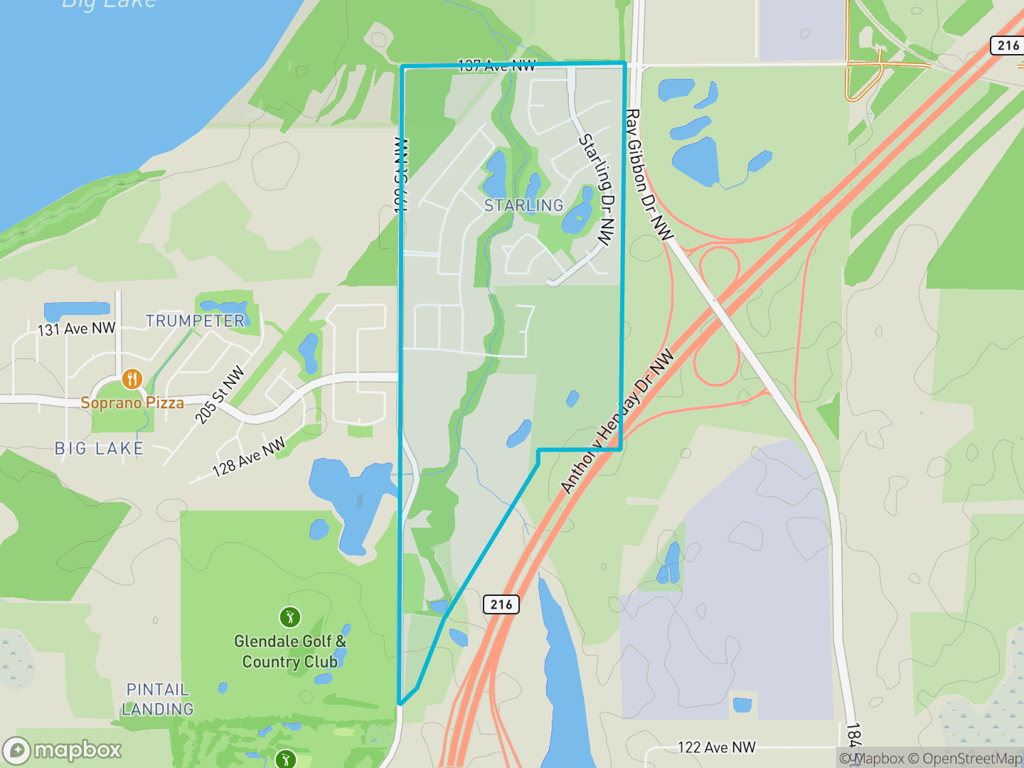 Map of Starling, Edmonton — neighbourhood boundary, parks and surrounding streets.