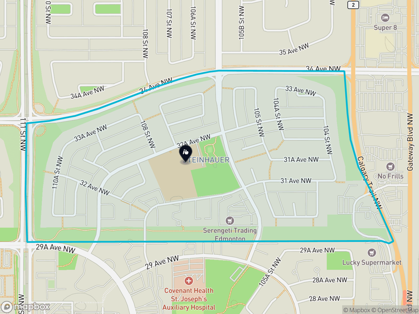 Map of Steinhauer, Edmonton — neighbourhood boundary, 1 school, parks and surrounding streets.