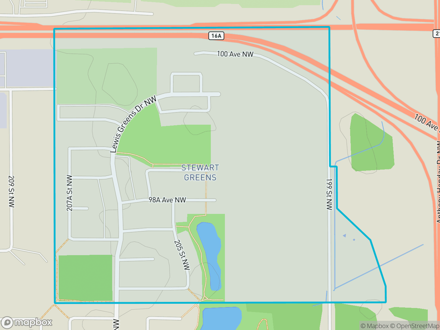Map of Stewart Greens, Edmonton — neighbourhood boundary, parks and surrounding streets.